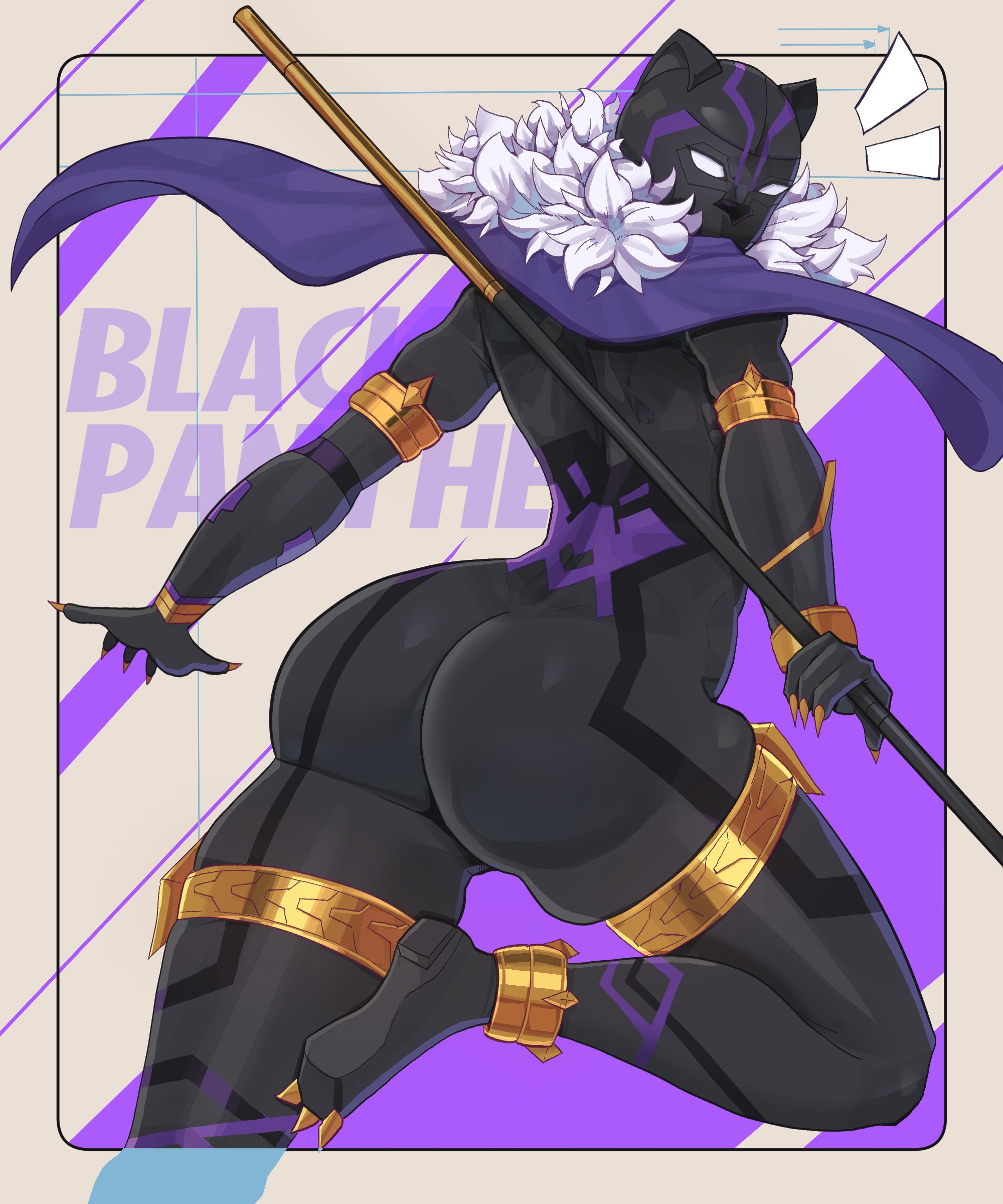 1girls, 2026, ass, black bodysuit, black panther (marvel), black panther (shuri), bodysuit, deven tolo, female, female only, from behind, looking at viewer, looking back, marvel, marvel tokon: fighting souls, mask, shuri (marvel tokon), shuri (marvel), solo, solo female, spear