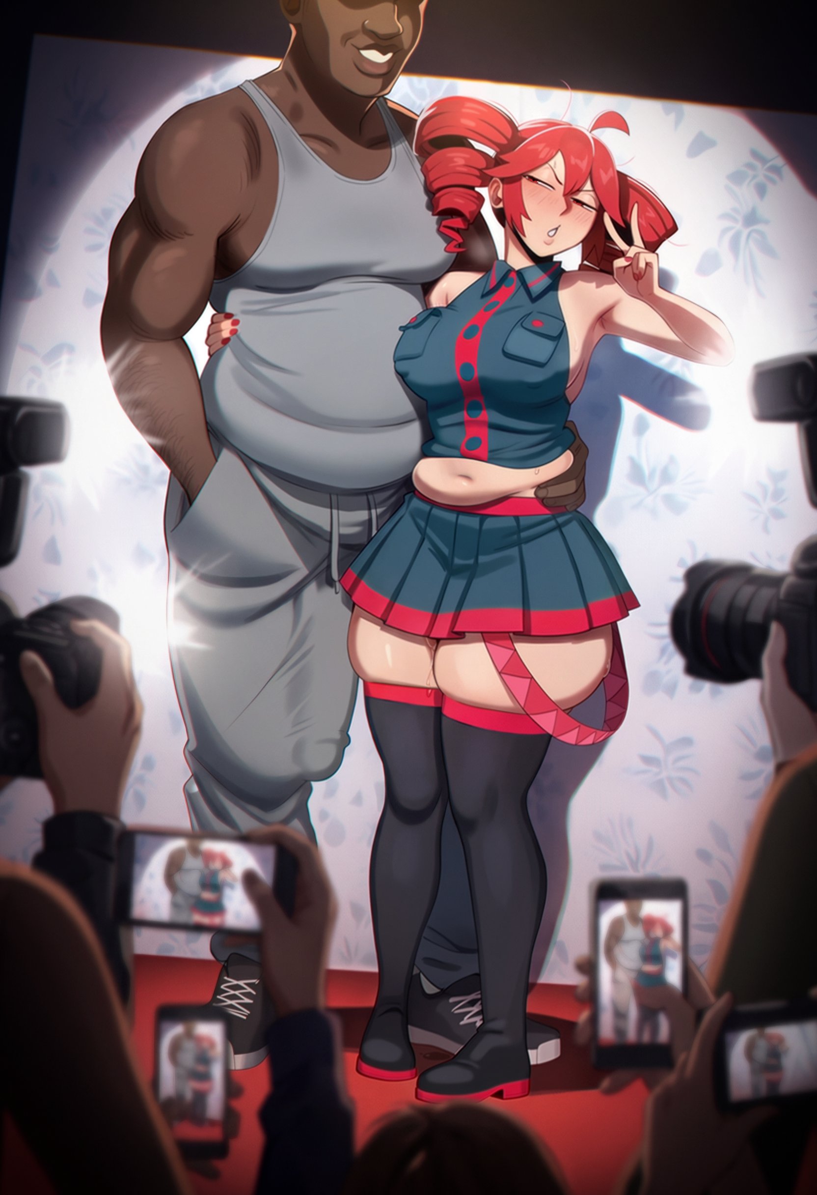 1boy, 1boy1girl, 1girls, 2026, ai generated, big breasts, big penis, blushing, bulge, bulge down leg, bulge through clothing, bulge under clothes, casual, casual exposure, child bearing hips, chubby, chubby female, dark skin, dark-skinned male, fat, fat male, female, femsub, huge breasts, huge cock, kasane teto, male, male/female, maledom, noonyx, peace sign, posing, posing for picture, posing for the viewer, pussy juice, pussy juice drip, red eyes, red hair, sideboob, taking picture, thick thighs, thunder thighs, twintails, vocaloid