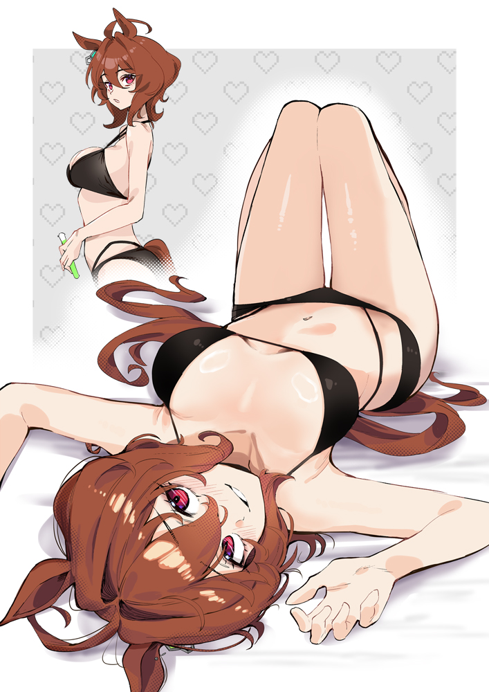 1girl, agnes tachyon (umamusume), armpits, artist request, black bikini, brown hair, horse ears, horse girl, horse tail, large breasts, looking at viewer, lying on back, multiple views, navel, red eyes, short hair, smile, stomach, thighs, umamusume, umamusume pretty derby