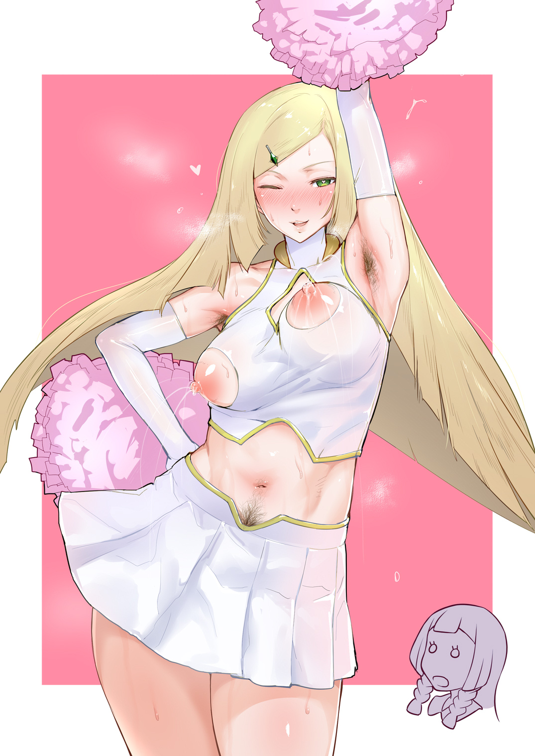 2girls, abs, aether foundation, arm up, armpit hair, armpits, bare shoulders, being watched, belly, big breasts, blonde hair, breasts, cheerleader, clothed, cutout, empty eyes, female, female focus, female only, female pubic hair, gloves, green eyes, happy trail, heart, heart-shaped pupils, heavy breathing, holding, huge breasts, human, iku (ikuchan kaoru), lactation, lactation through clothes, large breasts, lillie (pokemon), long hair, looking at viewer, lusamine (pokemon), midriff, milf, milk, milk squirt, mother, mother and daughter, muscular, muscular female, navel, nintendo, nipple cutout, nipples, one eye closed, open mouth, pink background, pokemon, pokemon sm, pom poms, pubic hair, pubic hair peek, shirt, skirt, solo focus, standing, sweat, tank top, thick thighs, wet, wet clothes, white border, wink