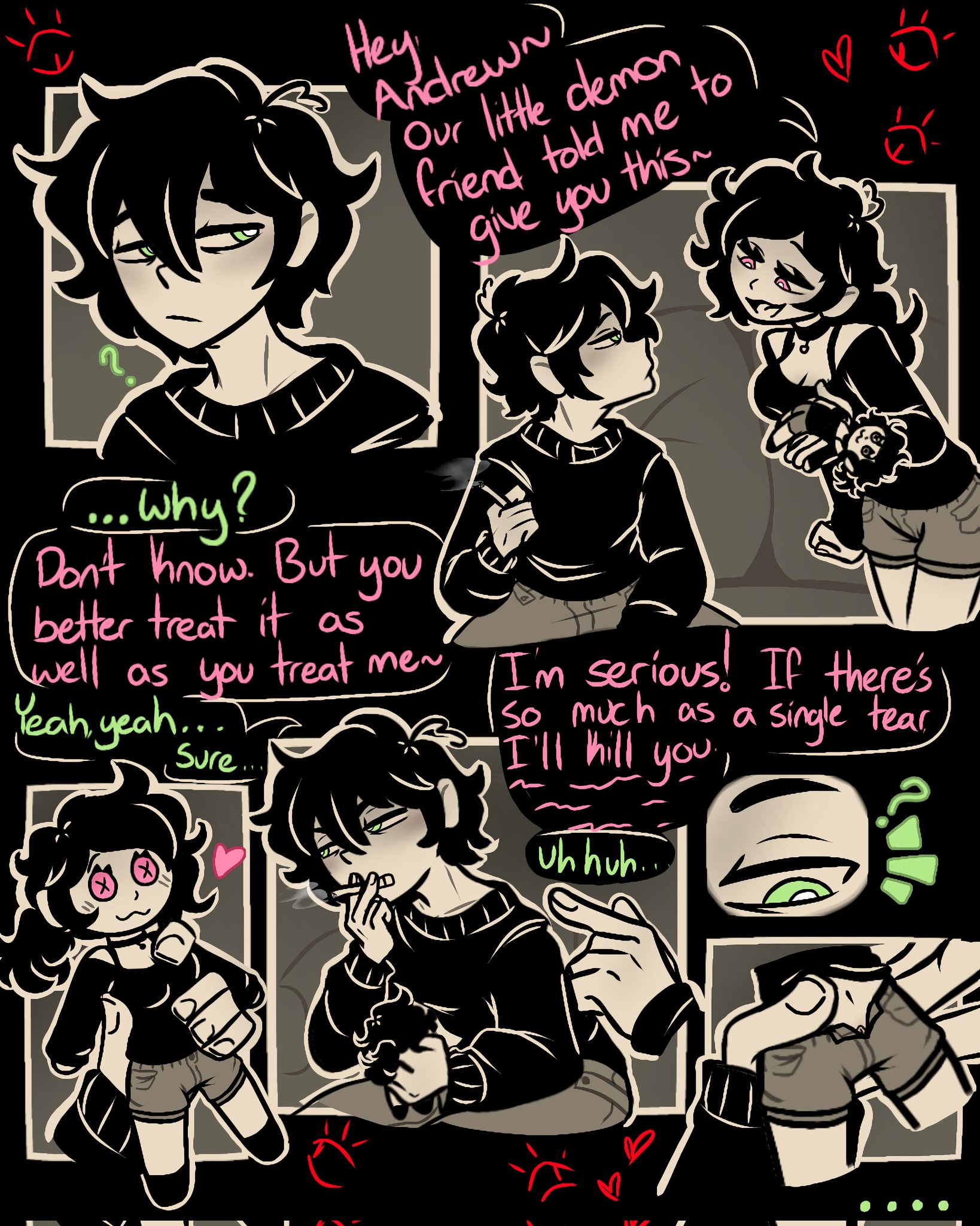 1boy, 1girls, 2d, andrew graves, artificial vagina, ashley graves, black hair, brother and sister, choker, comic, dialogue, doll, english text, female, fleshlight, green eyes, incest, lust coffin, male, masturbation, onahole, penis, pink eyes, pocket pussy, ponytail, pussy, siblings, smoking, smoking cigarette, solo focus, straight, the coffin of andy and leyley, voodoo, voodoo doll