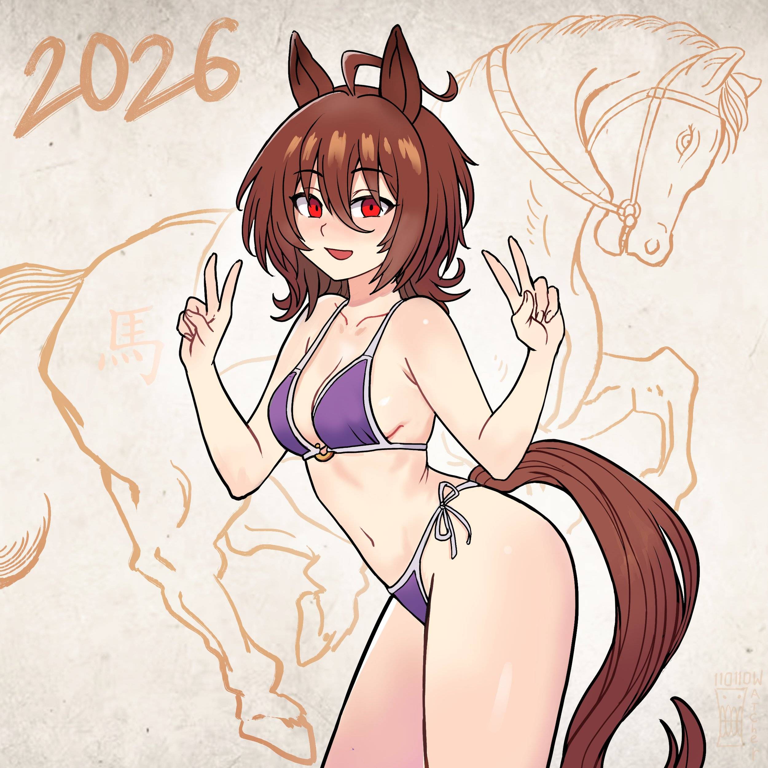 1:1, 1:1 aspect ratio, 1girls, 2d, 2d (artwork), 2d artwork, agnes tachyon (umamusume), ahoge, almost naked, almost nude, bare armpits, bare arms, bare belly, bare chest, bare hands, bare hips, bare legs, bare midriff, bare navel, bare shoulders, bare skin, bare thighs, belly, belly button, bikini, bikini bottom, bikini only, bikini top, breasts, brown eyebrows, brown hair, brown-haired female, cleavage, collarbone, digital, digital art, digital drawing, digital drawing (artwork), digital media, digital media (artwork), double peace sign, double v sign, drawing, elbows, exposed, exposed armpits, exposed arms, exposed belly, exposed chest, exposed hips, exposed legs, exposed midriff, exposed navel, exposed shoulders, exposed skin, exposed thighs, eye-level view, eyebrows visible through hair, female, female focus, female only, fingernails, fingers, from side, glistening body, glistening hair, glistening legs, glistening shoulders, glistening skin, glistening thighs, glossy hair, groin, hair between eyes, halterneck, horse, horse ears, horse girl, horse tail, inframammary fold, knees out of frame, lean figure, long hair, looking at viewer, looking sideways, looking to the side, midriff, mostly nude, naked, naked female, naked woman, narrow waist, navel, nearly nude, new year, new year 2026, nude, nude female, nudity, open mouth, open mouth smile, parted lips, peace sign, petite, petite body, petite breasts, petite female, petite girl, petite tits, posing, posing for the viewer, posing naked, posing nude, practically nude, purple bikini, purple bikini bottom, purple bikini top, purple swimsuit, purple swimwear, red eyes, red-eyed female, ribcage, ribs, shiny body, shiny hair, shiny legs, shiny shoulders, shiny skin, shiny thighs, shoulders, side view, side-tie bikini, sideboob, sign, skinny, skinny female, skinny girl, skinny waist, slender body, slender waist, slim female, slim waist, small boobs, small breasts, small tits, small waist, smile, smiley face, smiling, smiling at viewer, solo, standing, string bikini, swimsuit, swimwear, tail, thighs, thin female, thin waist, tiny breasts, tiny tits, tongue, top view, umamusume, umamusume pretty derby, upper body, v, v sign, watcher hollow