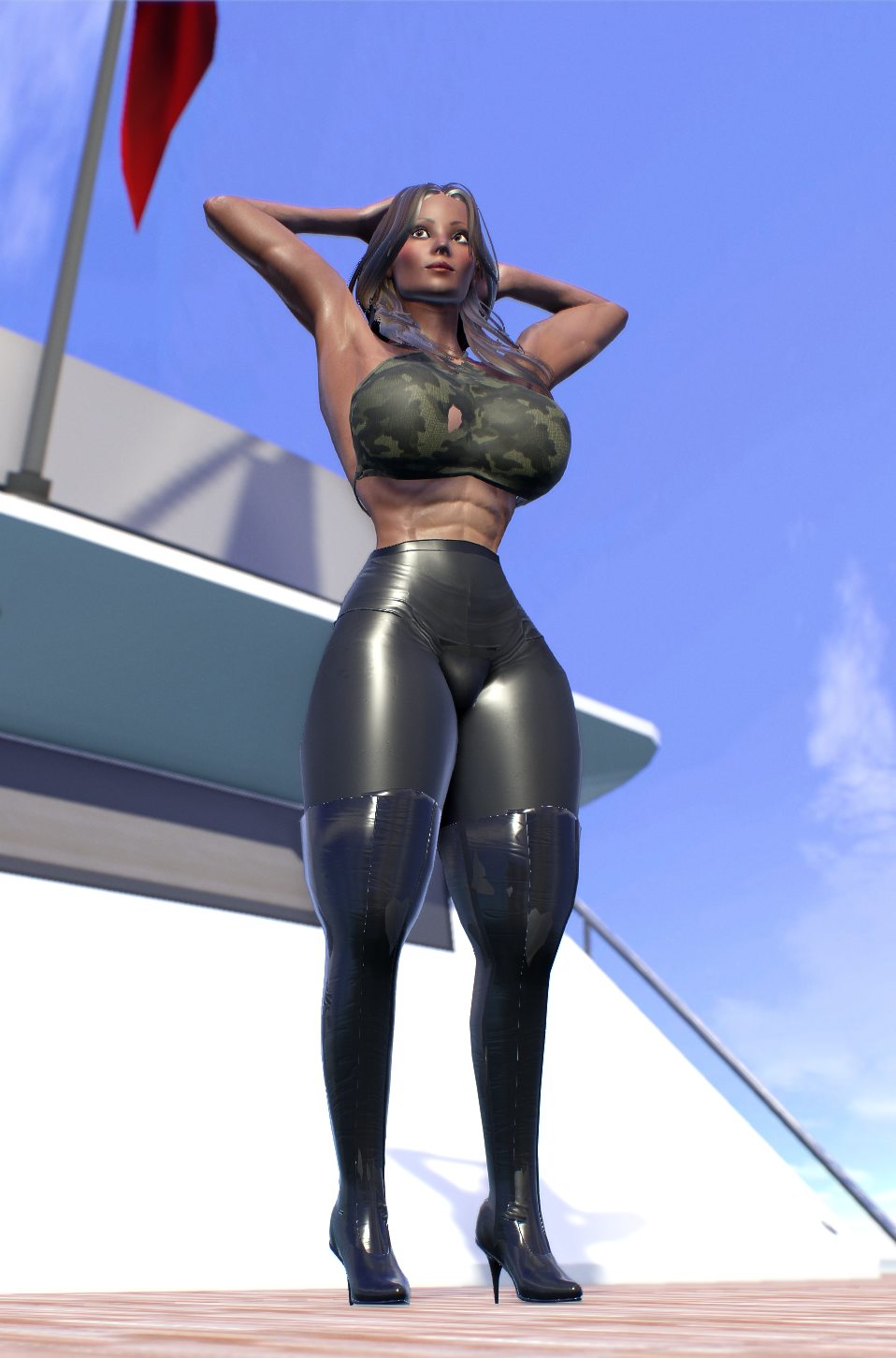 3d abs boat camel_toe cameltoe dark-skinned_futanari dark_skin fit futa_only futanari hands_behind_head hands_on_head hands_up heels high_heels highleg intersex large_breasts latex latex_legwear leather_boots leather_pants leggings long_hair low-angle_view mound_of_venus muscular muscular_female muscular_futanari pants plump_labia plump_vulva render stiletto_heels tank_top tanned_skin the_klub_17 theklub17 thesusman thick_thighs thigh_boots thigh_high_boots thighhigh_boots tight_clothes tight_clothing tight_pants vulva wasp_waist yoga_pants