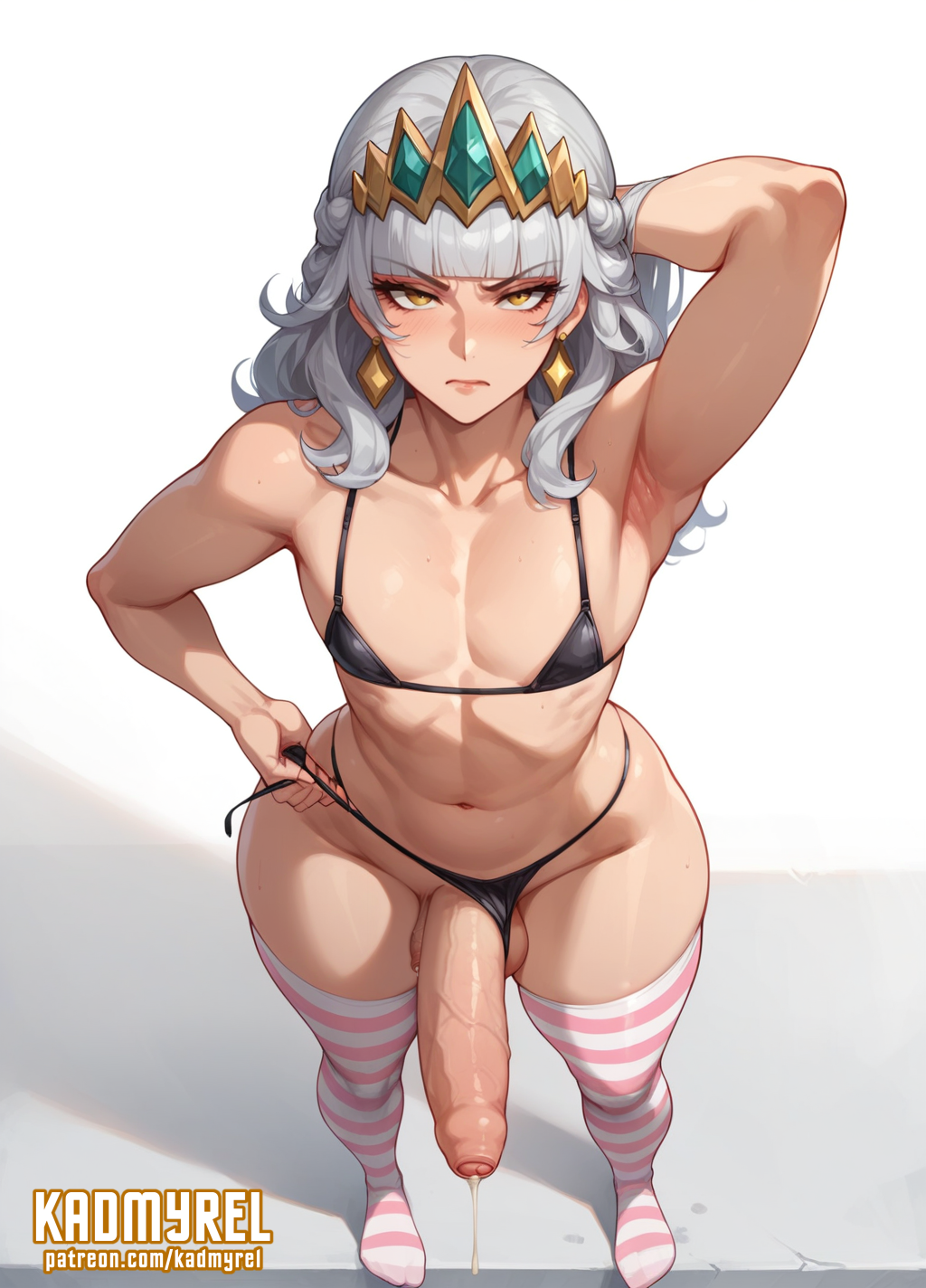 1futa, ai generated, amber eyes, angry, angry expression, angry face, annoyed, annoyed expression, annoyed face, balls, big balls, big penis, big testicles, cum drip, cum dripping, cum dripping from penis, dominant, dominant expression, dripping, dripping cum, fat cock, femboy, fishnet legwear, fishnet sleeves, fishnets, flaccid, flaccid penis, foreskin, from below, futa only, futanari, gold eyes, grey hair, huge balls, huge cock, huge testicles, hung femboy, hung trap, imminent fellatio, imminent oral, jewelry, kadmyrel, league of legends, looking at viewer, low angle, penis, pent up, ponytail, presenting, presenting penis, qiyana yunalai, rule 63, silver hair, small breasts, small tits, smirk, smirking, smirking at viewer, striped legwear, thighs, throbbing penis, tiara, uncircumcised, uncircumcised penis, uncut, uncut penis, veiny penis, white hair