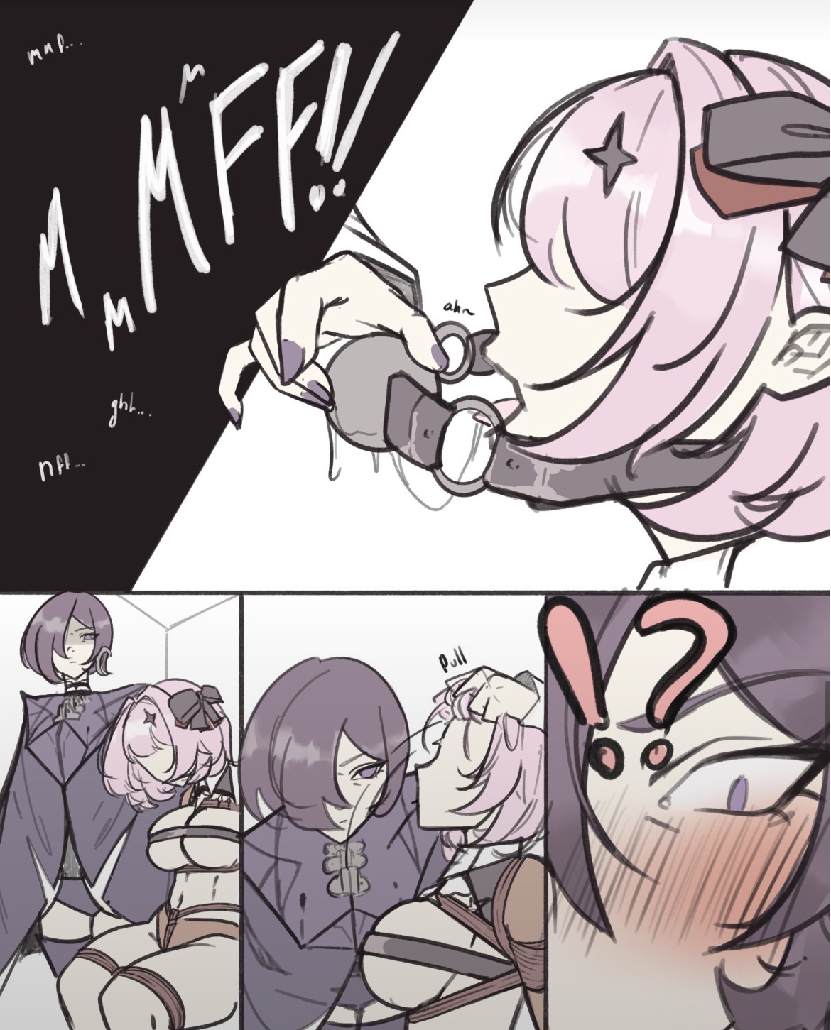 2girls, ball gag, big breasts, bondage, busty, busty female, cloak, curvy, curvy female, female/female, fully clothed female, fully naked female, gagged female, hair over one eye, implied yuri, laoarts, pink hair, promeia (zenless zone zero), purple hair, remielle (zenless zone zero), remielle dan, remielle dan (moonlight whispers), short hair, thick thighs, tied, tied to chair, tied up, wide hips, yuri, zenless zone zero