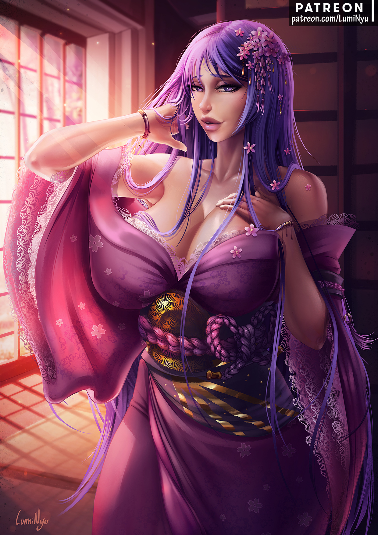 1girls, 2018, big breasts, breasts, cleavage, fate (series), fate/grand order, female, full lips, highres, large breasts, luminyu, mature female, minamoto no raikou (fate/grand order), pinup, purple eyes, purple hair, slim waist, solo, solo focus, variant set, wide hips