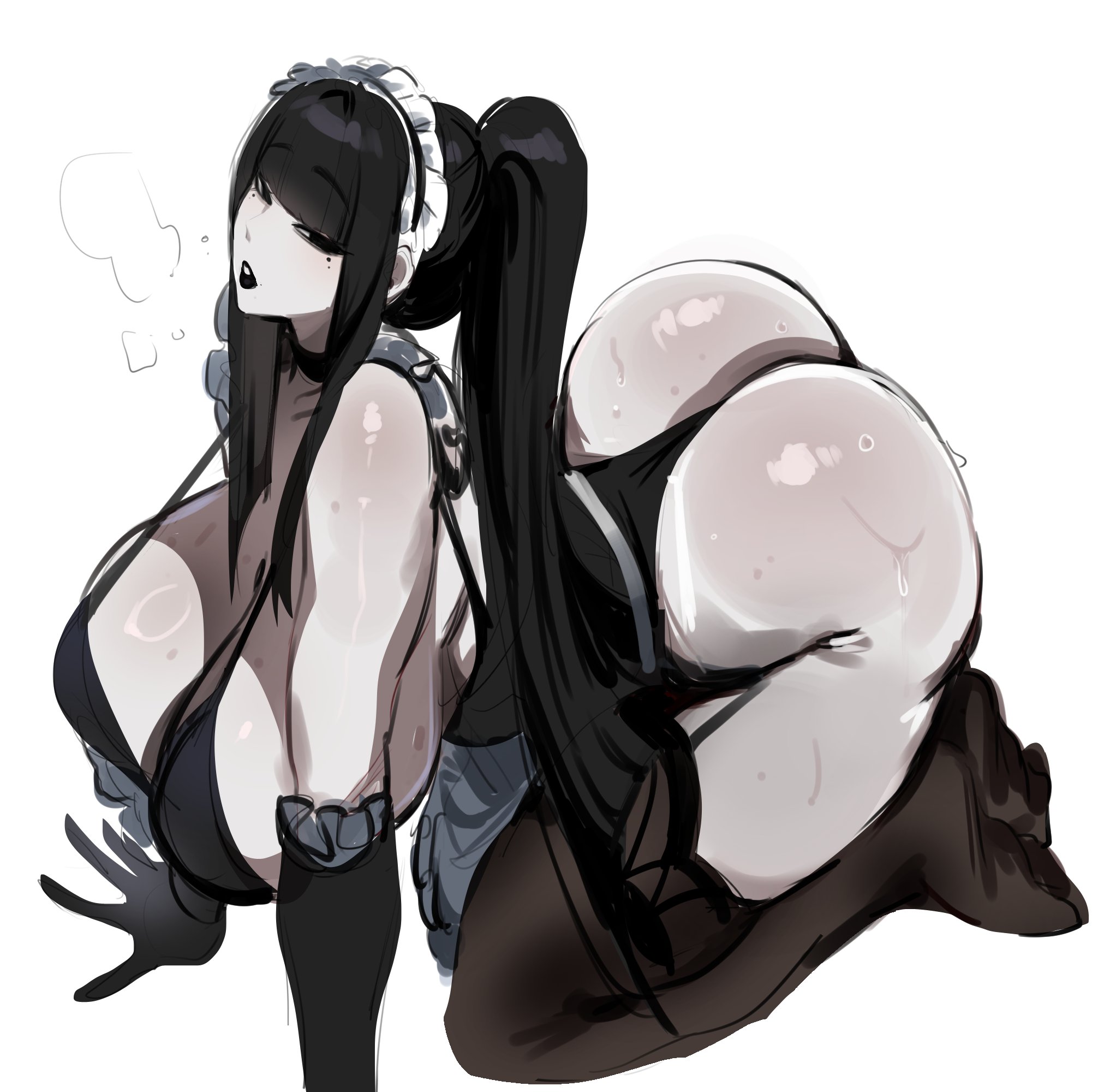 1girls, 2026, 2d, 2d (artwork), all fours, ass, big ass, big breasts, big butt, black eyes, black hair, black lips, boobs, breasts, butt, digital media (artwork), dragia3743, female, female only, gothic, hair, hi res, huge breasts, juggernaut (dragia3743), kurenaiz1, large breasts, legs, legwear, light skin, light-skinned female, lips, long hair, looking at viewer, maid headdress, oc, original, original character, pantyhose, ponytail, simple background, solo, thick thighs, thighs, tits, white background, white body, white skin