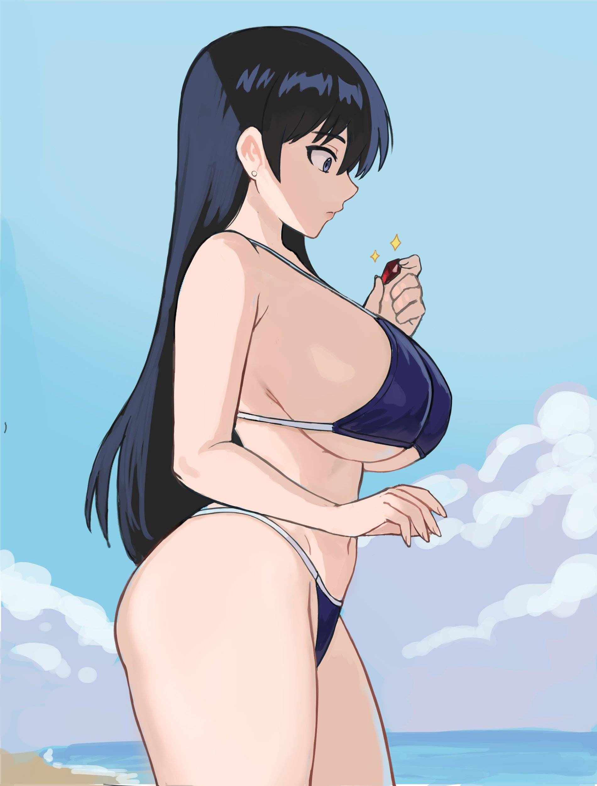 1girls, 2d, accurate body type, accurate proportions, adult, adult female, almost naked, almost nude, arato nagi, ass, bare armpits, bare arms, bare belly, bare chest, bare hands, bare hips, bare legs, bare midriff, bare navel, bare shoulders, bare skin, bare thighs, beach, beach background, beach setting, belly, belly button, below view, big breasts, bikini, bikini bottom, bikini only, bikini top, black eyebrows, black hair, black-haired female, blank expression, blank eyes, blank stare, blue bikini, blue bikini bottom, blue bikini top, blue eyes, blue sky background, blue swimsuit, blue swimwear, blue-eyed female, breasts, busty, busty female, busty girl, collarbone, dark hair, digital, digital art, digital drawing, digital drawing (artwork), digital media, digital media (artwork), down angle, drawing, ear piercing, elbows, emotionless, exposed, exposed armpits, exposed arms, exposed belly, exposed chest, exposed hips, exposed legs, exposed midriff, exposed navel, exposed shoulders, exposed skin, exposed thighs, feet out of frame, female, female focus, female only, fingernails, fingers, foot out of frame, from below, from below view, from side, glistening boobs, glistening breasts, glistening hair, glistening skin, glossy breasts, glossy hair, groin, hair between eyes, halterneck, hourglass figure, huge boobs, huge breasts, inframammary fold, inguinal crease, inguinal ligament, knees out of frame, large boobs, large breasts, lean figure, lip gloss, lipstick, long hair, low angle, low angle view, low-angle shot, low-angle view, mature, mature female, midriff, mostly nude, nagi arato, naked, naked female, narrow waist, navel, nearly nude, neutral expression, nipple bulge, nude, nude female, nudity, ocean background, outdoor, outdoor background, outdoor nudity, outdoors, outside, outside nudity, pierced ear, pink lips, pink lipstick, plump breasts, portrait, practically nude, profile, profile view, ruby, ruby (gem), ruri no houseki, sea, sea background, seaside, shiny breasts, shiny hair, shiny skin, shoulders, side view, sideboob, sky background, slender body, slender waist, slim female, slim waist, solo, standing, string bikini, summer setting, swimsuit, swimwear, thick thighs, thighs, top view, under view, underboob, upper body, watcher hollow, wide hips
