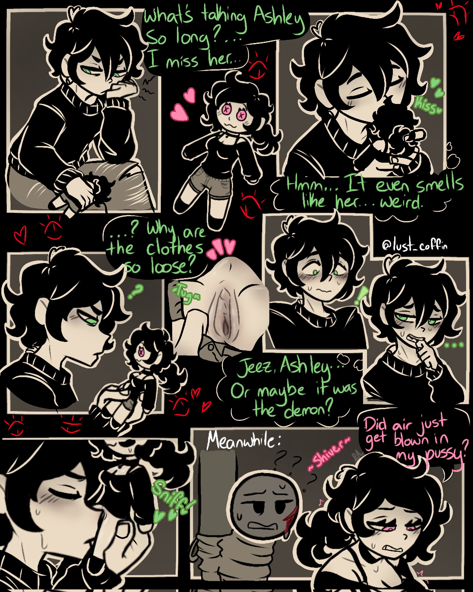 1boy, 1girls, 2d, andrew graves, artificial vagina, ashley graves, black hair, blush, brother and sister, choker, comic, dialogue, doll, english text, female, fleshlight, green eyes, incest, kissing, lust coffin, male, masturbation, onahole, penis, pink eyes, pocket pussy, ponytail, pussy, siblings, sniffing, sniffing pussy, solo focus, straight, the coffin of andy and leyley, voodoo, voodoo doll