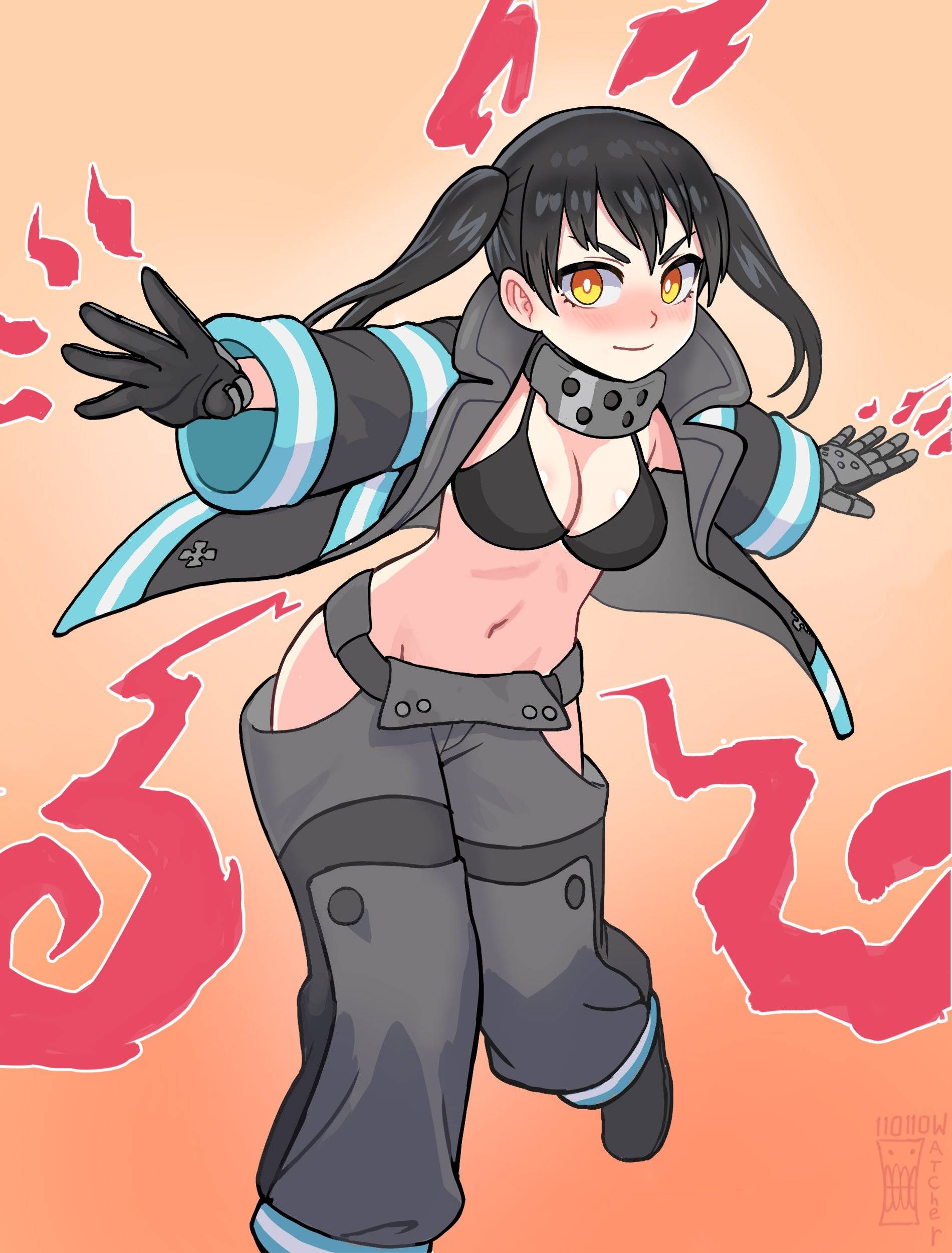 ///, 1girls, 2d, accurate body type, accurate proportions, anime character, background, bare belly, bare chest, bare hips, bare midriff, bare navel, bare skin, belly, belly button, big breasts, bikini, bikini top, black bikini, black bikini top, black coat, black eyebrows, black hair, black jacket, black swimsuit, black swimwear, black-haired female, blush, blush face, blush lines, blushing at viewer, blushing female, blushing lines, breasts, busty, busty female, busty girl, busty teen, busty teenager, cleavage, closed mouth smile, coat, curvaceous, curvaceous body, curvaceous female, curvaceous figure, curvaceous hips, curvaceous teenager, curvy, curvy body, curvy female, curvy figure, curvy hips, curvy teen, dark hair, david productions, digital, digital art, digital drawing, digital drawing (artwork), digital media, digital media (artwork), drawing, en'en no shouboutai, enen no shouboutai, exposed belly, exposed chest, exposed hips, exposed midriff, exposed navel, exposed skin, eye-level view, female, female focus, female only, fingers, fire, fire ears, fire force, fire tail, firefighter, firefighter coat, firefighter jacket, firefighter uniform, flames, flushed, flushed cheeks, flushed face, from front, front view, full body view, glistening boobs, glistening breasts, glistening hair, glistening skin, glossy breasts, glossy hair, groin, hair between eyes, halterneck, head tilt, hourglass figure, inguinal crease, inguinal ligament, jacket, japanese, japanese female, japanese girl, japanese woman, kotatsu tamaki, large boobs, large breasts, lean figure, long hair, looking at viewer, manga character, midriff, monotone background, narrow waist, navel, neck guard, one color background, open coat, open jacket, orange background, orange eyes, orange-eyed female, plain background, portrait, posing, posing for the viewer, pyrokinesis, shiny breasts, shiny hair, shiny skin, slender body, slender waist, slim female, slim waist, smile, smiley face, smiling, smiling at viewer, solo, standing, swimsuit, swimwear, teen girl, teenage female, teenage girl, teenage tits, teenager, tilted head, twintails, twintails (hairstyle), watcher hollow, weekly shonen magazine, white pupils, wide hips, young female, young woman
