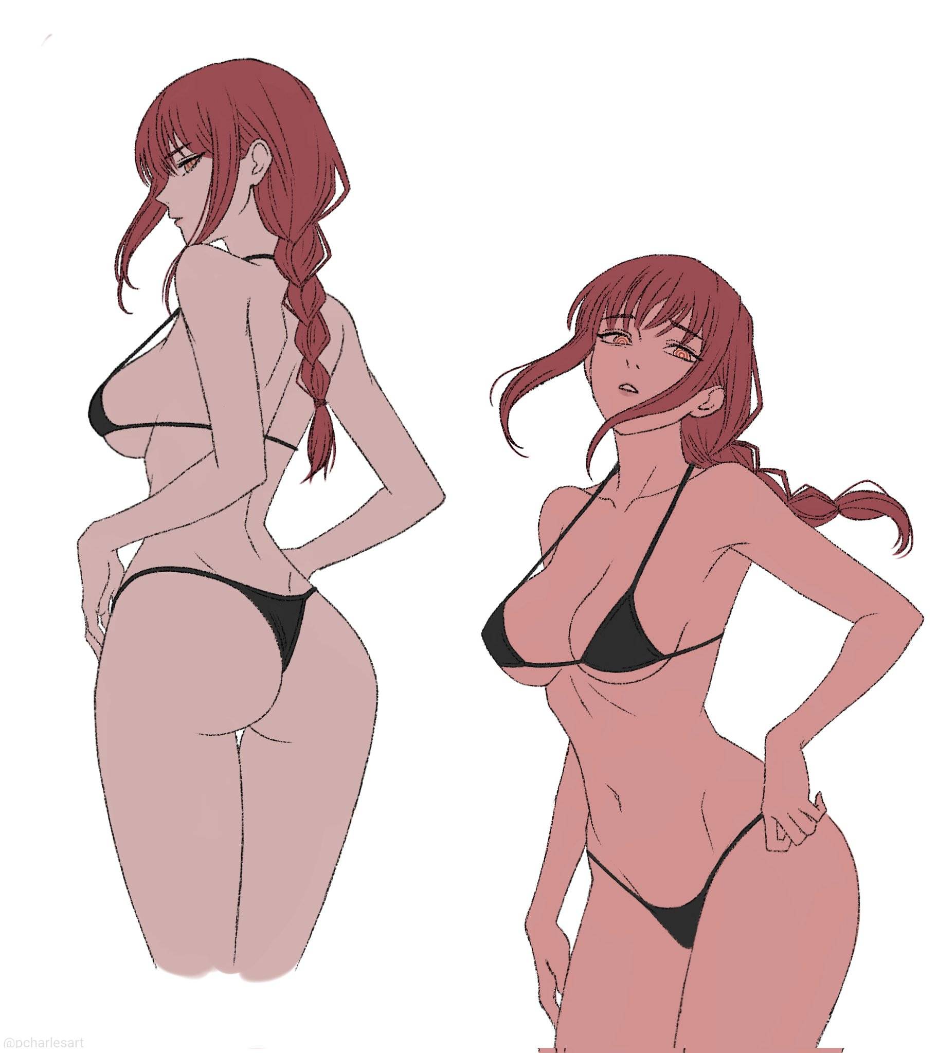 1girls, 2d, 2d (artwork), 2d artwork, adult, adult female, almost naked, almost nude, anime, anime character, armpit, armpit crease, armpit peek, armpits, ass, ass cleavage, ass crack, back, back dimples, backboob, background, bare armpits, bare arms, bare belly, bare chest, bare hands, bare hips, bare legs, bare midriff, bare navel, bare shoulders, bare skin, bare thighs, belly, belly button, big boobs, big breasts, bikini, bikini bottom, bikini only, bikini top, black bikini, black bikini bottom, black bikini top, black swimsuit, black swimwear, blank background, braid, braided hair, braided ponytail, braids, breasts, breasts apart, busty, busty female, busty girl, butt, chainsaw man, charlesart, cleavage, collarbone, curvaceous, curvaceous body, curvaceous female, curvaceous figure, curvaceous hips, curvy, curvy body, curvy female, curvy figure, curvy hips, digital, digital art, digital drawing, digital drawing (artwork), digital media, digital media (artwork), dimples of venus, drawing, elbows, exposed, exposed armpits, exposed arms, exposed belly, exposed chest, exposed hips, exposed legs, exposed midriff, exposed navel, exposed shoulders, exposed skin, exposed thighs, eye-level view, eyebrows visible through hair, fanart, female, female focus, female only, fingers, fit female, from front, front view, gluteal fold, groin, hairless armpits, halterneck, head tilt, hourglass figure, inframammary fold, inguinal crease, inguinal ligament, knees out of frame, large boobs, large breasts, lean figure, legs closed, legs together, linea alba, long hair, looking at viewer, looking back, looking back at viewer, makima (chainsaw man), manga character, mappa, mature, mature female, mature woman, median furrow, midriff, monotone background, mostly nude, naked, naked female, naked woman, narrow waist, navel, nearly nude, nipple bulge, nude, nude female, nudity, one color background, plain background, ponytail, portrait, posing, posing for the viewer, posing naked, posing nude, practically nude, red hair, red-haired female, ring eyes, ringed eyes, shaved armpits, shonen jump, shoulder blades, shoulders, shueisha, sideboob, sidelocks, single braid, skindentation, slender body, slender waist, slim female, slim waist, solid color background, solo, standing, stomach, string bikini, swimsuit, swimwear, thick ass, thick butt, thigh gap, thighs, thighs together, tied hair, tilted head, top view, upper body, weekly shonen jump, white background, wide hips, woman, yellow eyes, yellow-eyed female