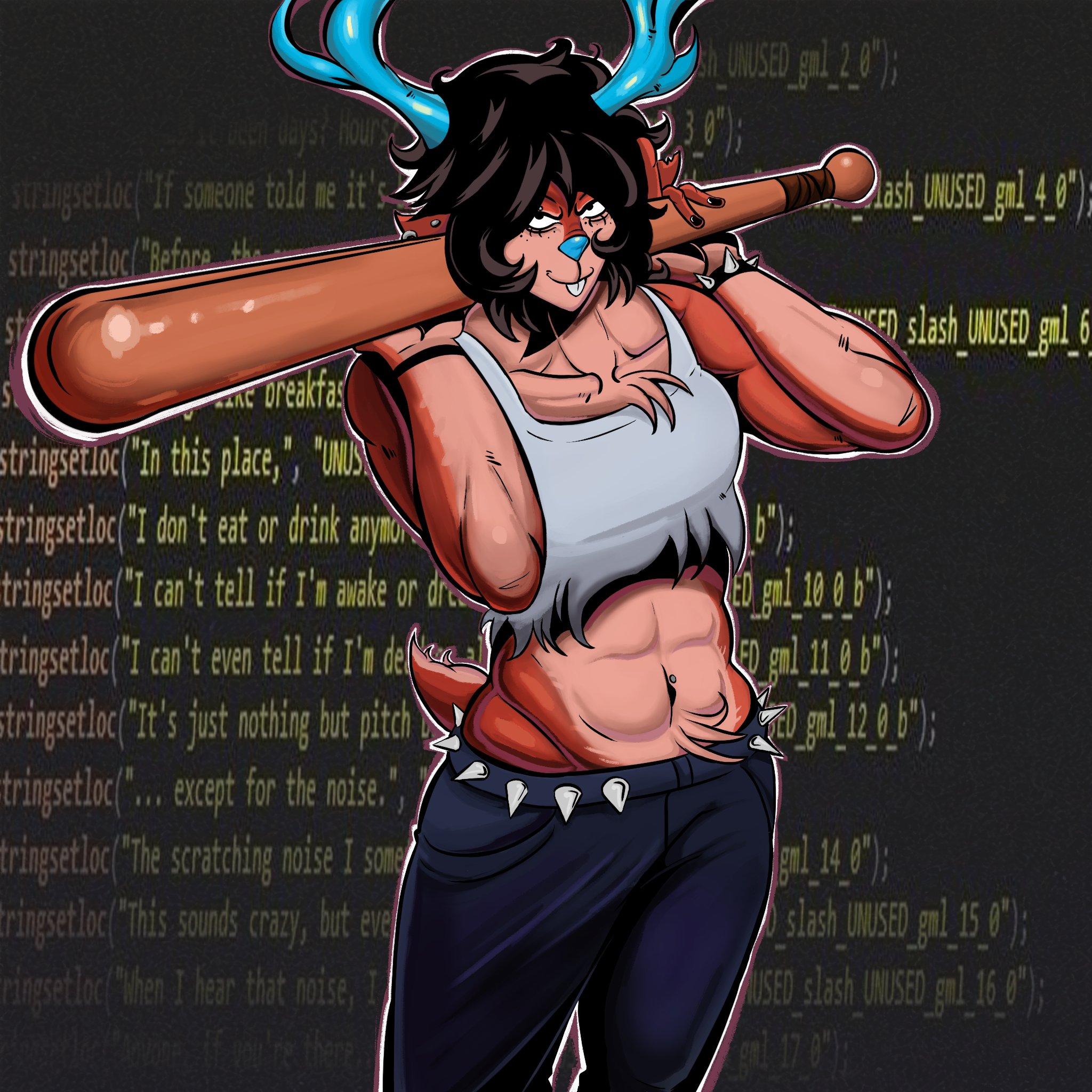 1girls, abs, anthro, anthro female, antlers, athletic, athletic female, bat, black hair, bracelet, december holiday, deer, deer ears, deer girl, deltarune, dess holiday, diogolealleite, earrings, female, female focus, female only, fur, looking at viewer, muscular, muscular female, tail, tank top, text, thong, thong straps, tomboy