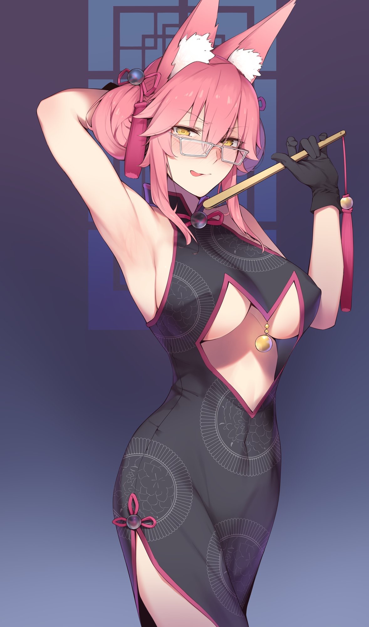 arm up, armpits, blush, breasts, china dress, chinese clothes, fate (series), fate/grand order, female, female only, fox ears, fox girl, fox tail, glasses, gloves, koyanskaya (chinese lostbelt outfit), koyanskaya (fate), looking at viewer, naughty face, pink hair, tongue, tongue out, underboob, yellow eyes