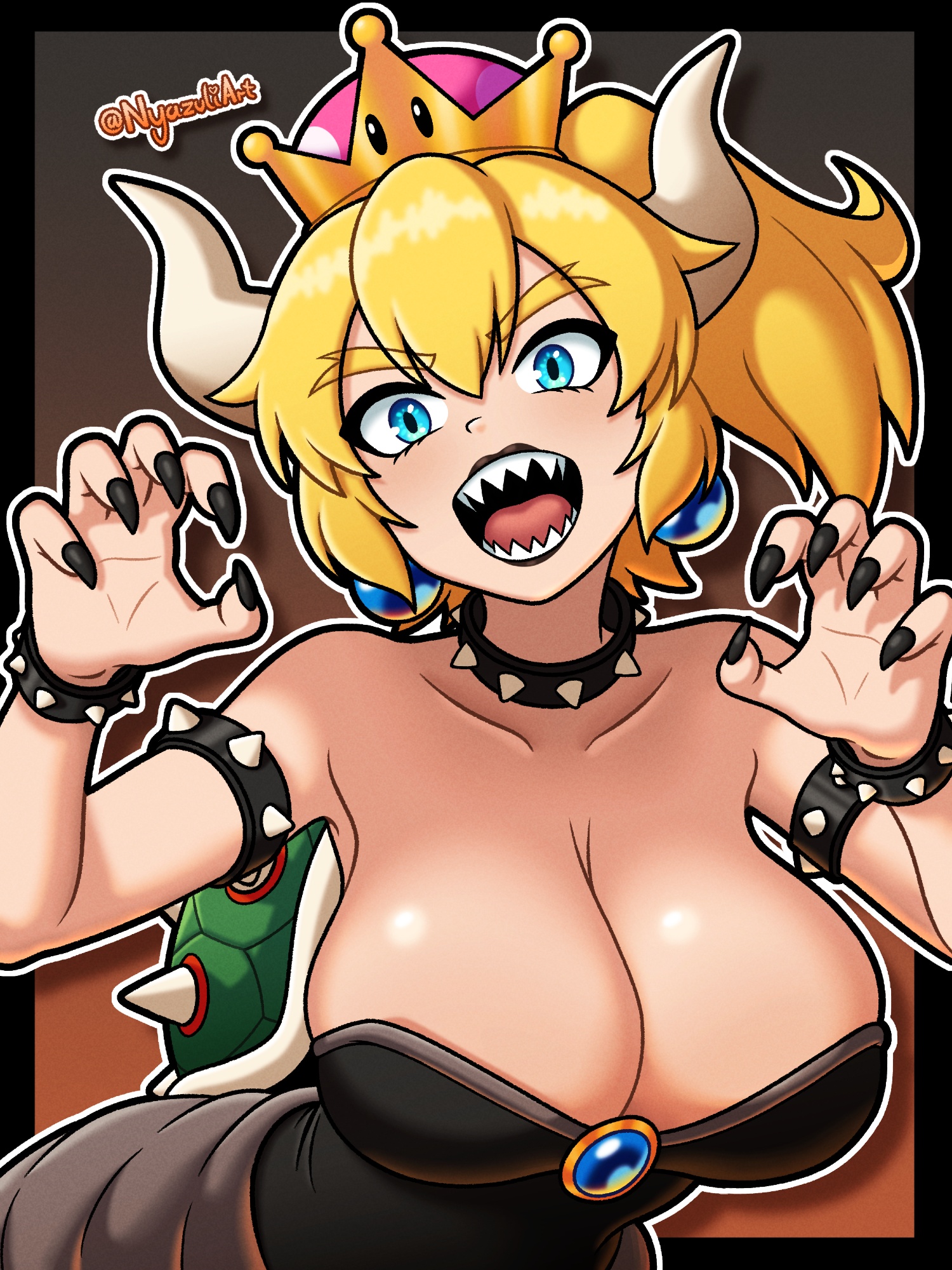 1girl, armlet, artist name, bare shoulders, big breasts, black border, black dress, black lips, black lipstick, black nails, blonde hair, blue eyes, blue gem, border, bowsette, bracelet, breasts, brooch, chest jewel, claw pose, cleavage, collar, collarbone, commentary, crown, dress, earrings, english commentary, female, female only, fingernails, gem, hair between eyes, highres, horns, huge breasts, jewelry, lips, lipstick, looking at viewer, mario (series), nail polish, nintendo, nyazuliart, open mouth, outside border, ponytail, sharp fingernails, sharp teeth, solo, sphere earrings, spiked armlet, spiked bracelet, spiked collar, spiked shell, super crown