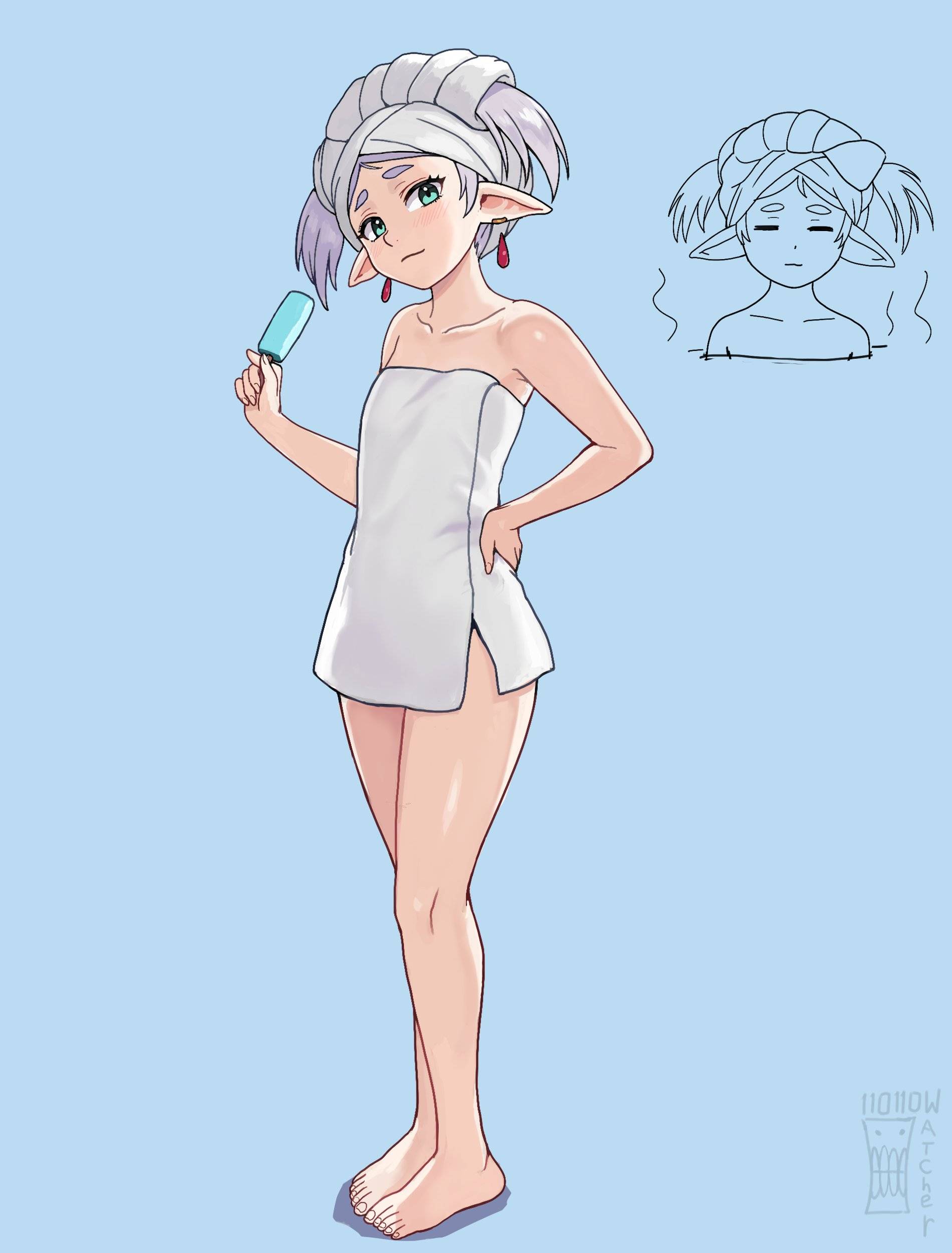 1girl, 1girls, adult, adult female, anime, anime character, background, blue background, closed mouth smile, earrings, elf, elf ear, elf ears, elf female, elf girl, eye-level view, fanart, female protagonist, frieren, full body view, gilf, green eyes, green-eyed female, hand on hip, hand on own hip, head tilt, madhouse, manga character, mature, mature female, monotone background, naked towel, old female, older than they look, one color background, plain background, pointy ears, popsicle, smile, smiley face, smiling, smiling at viewer, smooth skin, solid color background, sousou no frieren, standing, three quarter view, three-quarter view, tilted head, touching hip, towel, towel around waist, towel on head, towel only, watcher hollow, white hair, white towel, white-haired female