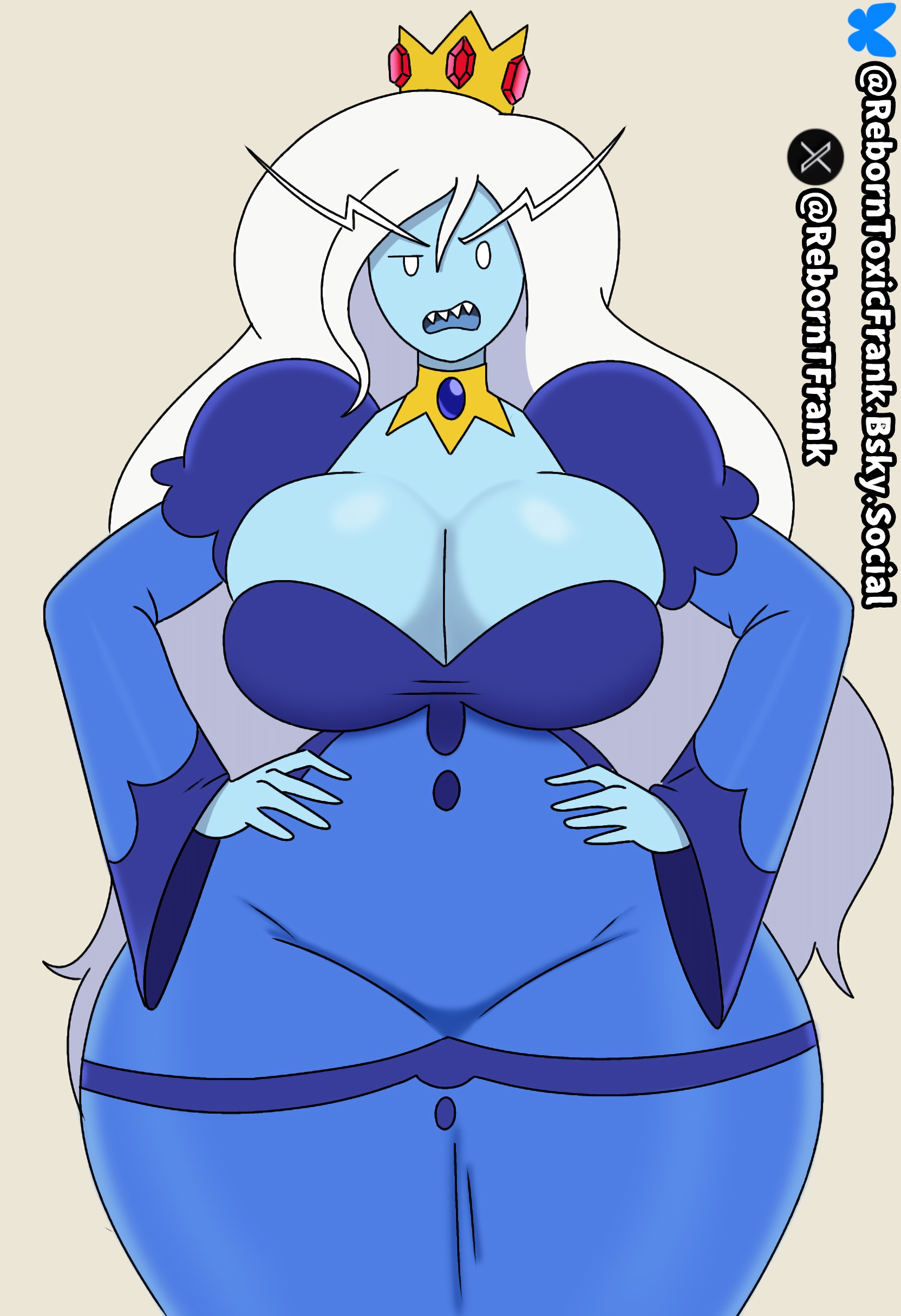 2d, 2d (artwork), adventure time, blue areola, blue body, cartoon network, confused, dress, female focus, female only, fionna and cake, hands on hips, huge breasts, ice queen, ice queen (adventure time), looking at viewer, mature female, milf, reborntfrank, self upload, sharp teeth, white hair