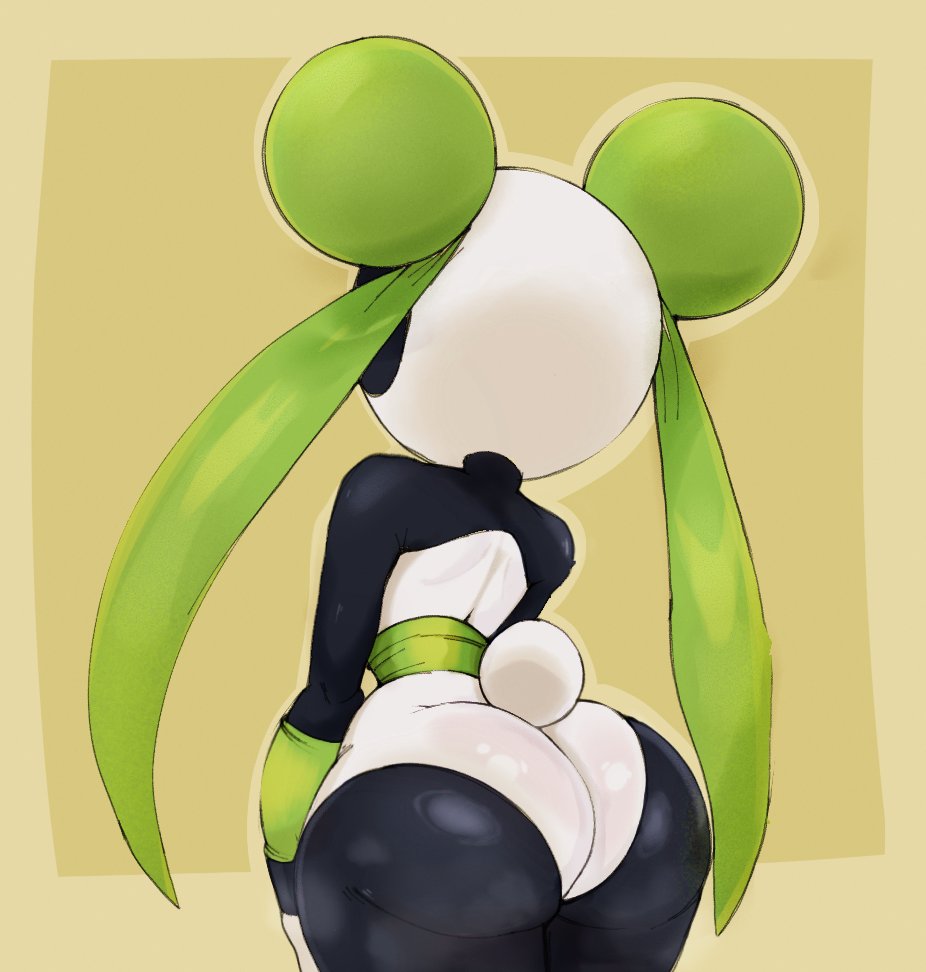 big butt, black body, black fur, butt, colono, cotton tail, female, fur, leafan (pal), pal (species), palworld, pocketpair, rear view, simple background, solo, thick thighs, white body, white fur, wide hips