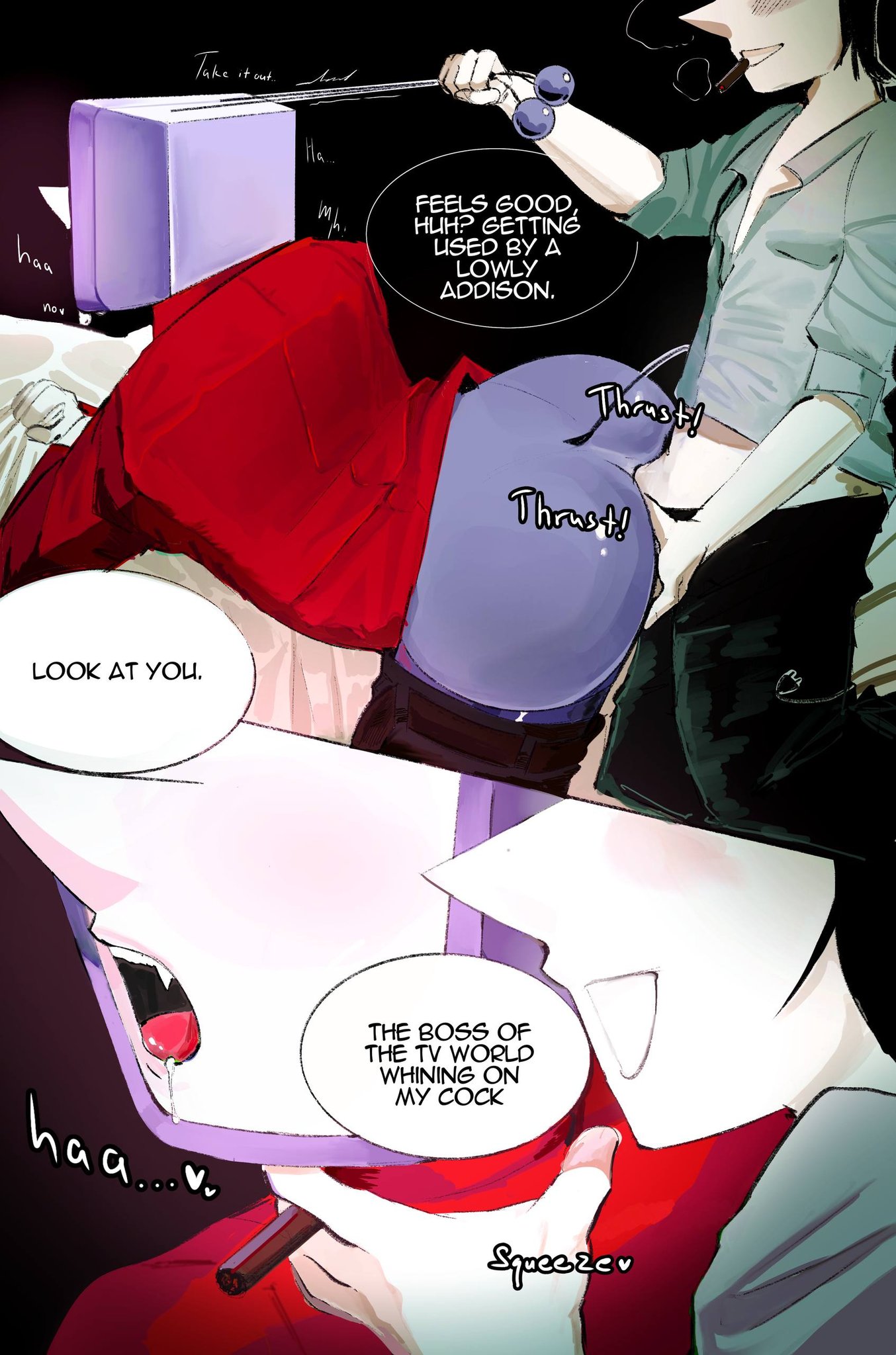 anal sex, comic page, cuntboy, degradation, deltarune, gay, pulling antennae, small dom big sub, smoking, spamtenna, spamton g spamton, tenna (deltarune), undertale (series), yaoi
