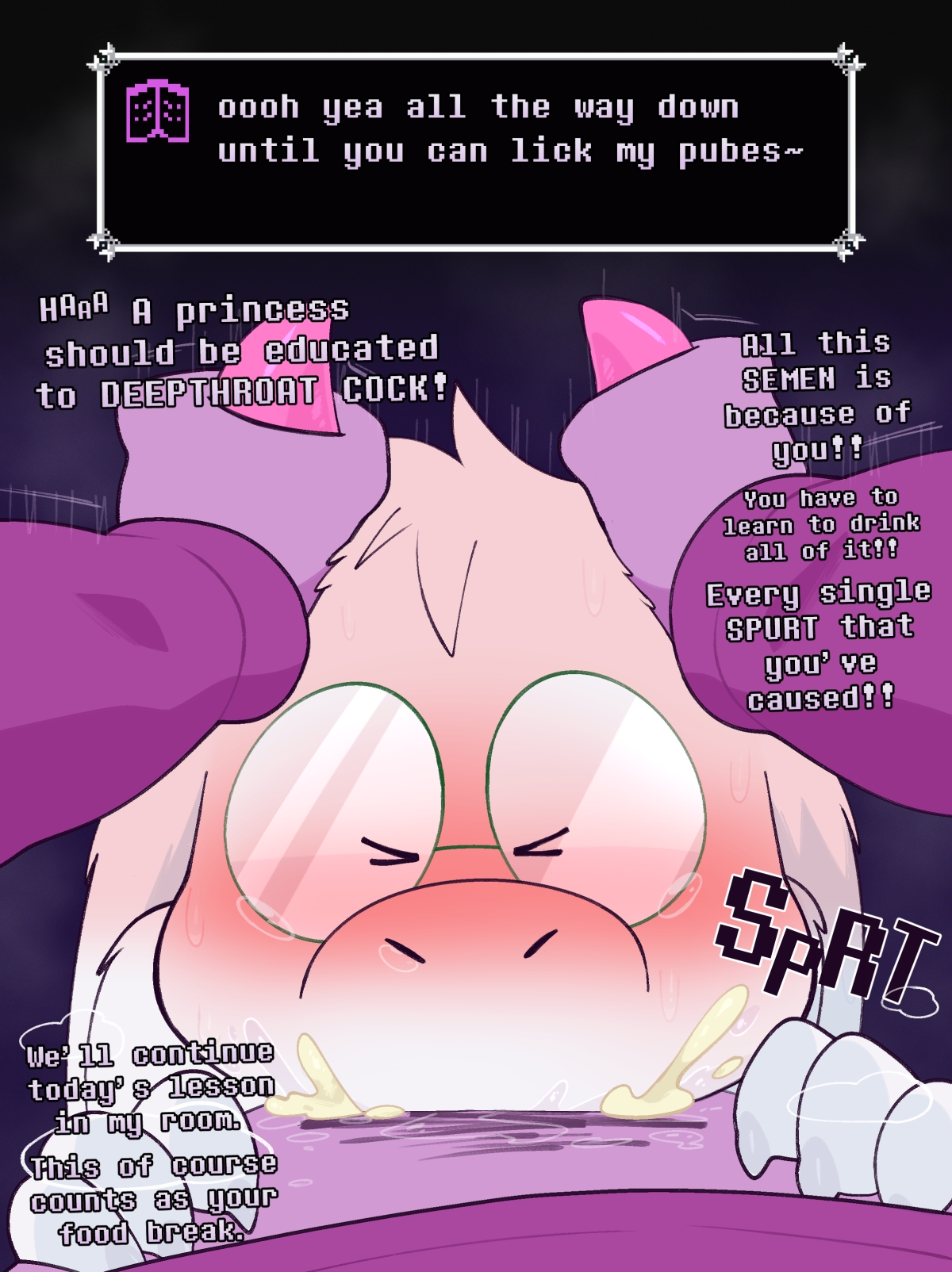 1boy, 1nonbinary, 1other, blowjob, blush, book, closed eyes, clothed, clothing, collar, collared shirt, crushpepper, cum, cum in mouth, cum inside, cumshot, deepthroat, deltarune, deltarune chapter 5, dialogue, digital media (artwork), duo, english dialogue, english text, eyewear, fur, furry, furry male, futa on male, futanari, glasses, goat, goat ears, goat horns, horn, horns, long hair, male, non-binary, nonbinary, oral, penis, pink horn, pink horns, pubes, pubic hair, purple hair, purple skin, ralsei, ralsei with white fur, seth (deltarune), shirt, tagme, text, text box, undertale (series), white fur, white sclera