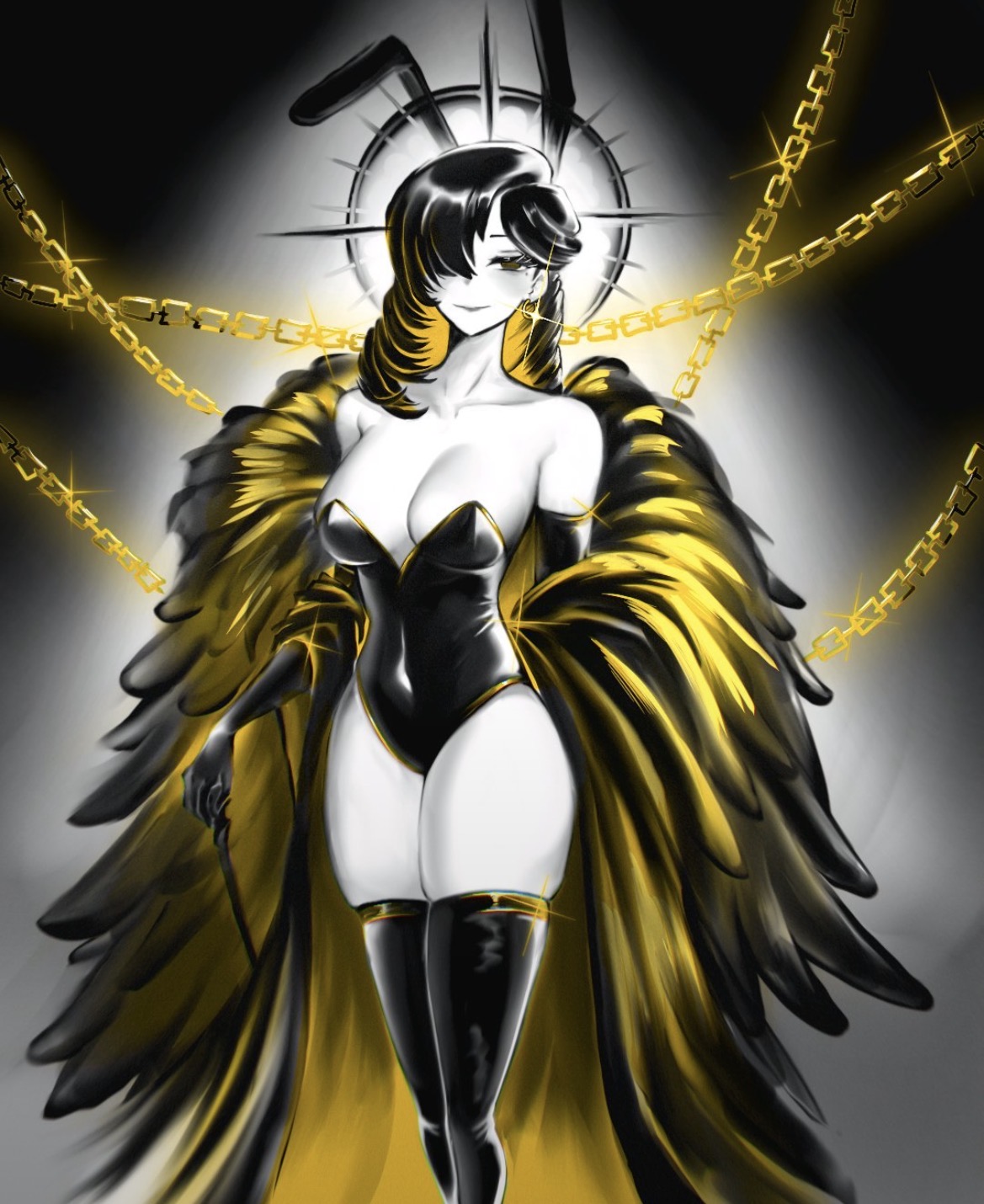 bangs, big breasts, binah, binah (project moon), black and yellow clothing, black and yellow hair, bunny, bunny ears, bunnysuit, busty, busty female, chains, coat on shoulders, curvy, curvy female, fur coat, hair over one eye, juicy lips, lobotomy corporation, playboy bunny, pose, project moon, shoulder length hair, thick thighs, thighhighs, wide hips