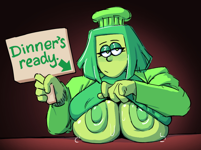 azai, azaiart, big breasts, chef hat, deltarune, deltarune chapter 5, green (deltarune), green skin, lifting shirt, sweaty breasts