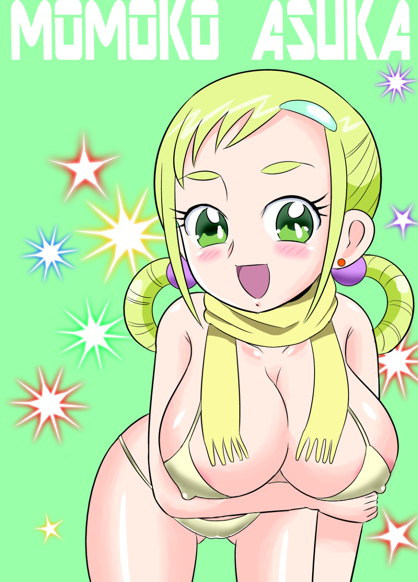 1girls bikini blonde_hair blush breasts cleavage cowboy_shot curvaceous female green_eyes human large_breasts light-skinned_female light_skin looking_at_viewer momoko_asuka ojamajo_doremi presenting sakurajima1go scarf short_hair solo swimsuit thick_thighs voluptuous wide_hips