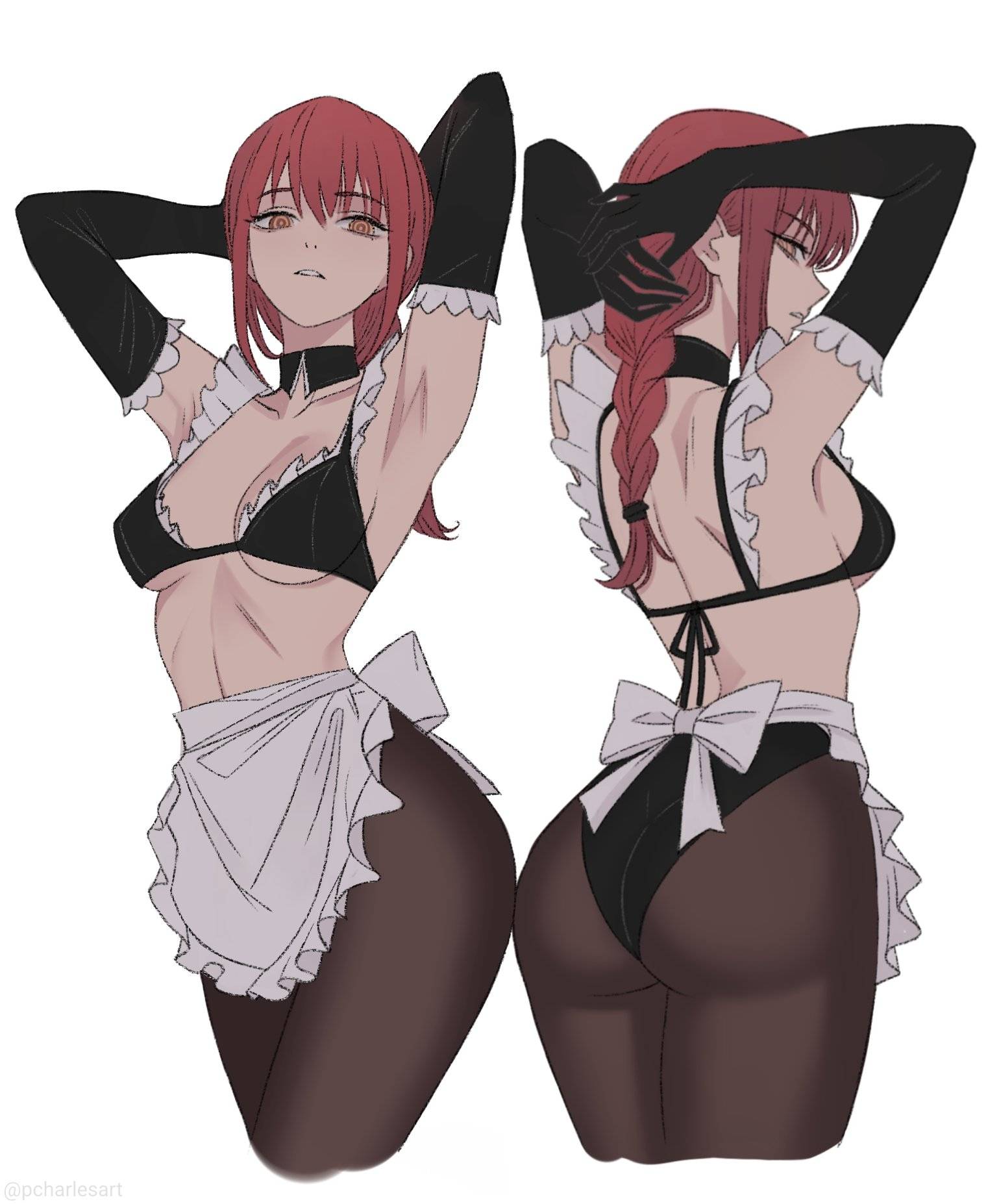 1girls, 2d, 2d (artwork), 2d artwork, adult, adult female, alternate angle, alternate version, alternate version at source, alternate version available, alternate view, alternative version, alternative version available, anime, anime character, apron, arm behind head, armpit, armpit crease, armpit peek, armpits, arms behind head, ass, ass cleavage, ass crack, back, back shot, back view, backboob, background, bare armpits, bare belly, bare chest, bare midriff, bare shoulders, bare skin, behind view, belly, below view, big breasts, bikini, bikini top, black bikini, black bikini top, black elbow gloves, black gloves, black legwear, black long gloves, black pantyhose, black swimsuit, black swimwear, black tights, blank background, blank expression, blank eyes, blank stare, bored, bored expression, braid, braided hair, braided ponytail, braids, breasts, breasts apart, brown legwear, brown pantyhose, brown tights, busty, busty female, busty girl, butt, chainsaw man, charlesart, collarbone, curvaceous, curvaceous body, curvaceous female, curvaceous figure, curvaceous hips, curvy, curvy ass, curvy body, curvy female, curvy figure, curvy hips, different angle, digital, digital art, digital drawing, digital drawing (artwork), digital media, digital media (artwork), down angle, drawing, elbow gloves, elbows, emotionless, exposed, exposed armpits, exposed belly, exposed chest, exposed midriff, exposed shoulders, exposed skin, eye-level view, eyebrows visible through hair, fanart, female, female focus, female only, fingers, fit female, from back, from behind, from behind angle, from behind view, from below, from below view, from front, front view, gloves, gluteal fold, groin, hair between eyes, hairless armpits, half naked, half nude, halterneck, hand behind head, hands behind head, head tilt, hourglass figure, inframammary fold, knees out of frame, large breasts, lean figure, legwear, linea alba, long gloves, long hair, looking at viewer, looking back, looking back at viewer, low angle, low angle view, low-angle shot, low-angle view, maid, maid apron, maid bikini, maid dress, maid outfit, maid uniform, makima (chainsaw man), manga character, mappa, mature, mature female, mature woman, median furrow, midriff, monotone background, more at source, multiple views, naked, naked female, naked woman, narrow waist, neutral expression, nipple bulge, nude, nude female, nudity, one color background, pantyhose, partially undressed, plain background, ponytail, portrait, posing, posing for the viewer, posing naked, posing nude, presenting armpit, profile, rear view, red hair, red-haired female, ribcage, ribs, ring eyes, ringed eyes, semi nude, shaved armpits, shonen jump, shoulder blades, shoulders, shueisha, sideboob, sidelocks, single braid, skinny, skinny female, skinny girl, skinny waist, slender body, slender waist, slim female, slim waist, small waist, solid color background, solo, standing, stomach, swimsuit, swimwear, thick ass, thick butt, thick thighs, thighs, thin female, thin waist, tied hair, tights, tilted head, top view, under view, underboob, uniform, upper body, weekly shonen jump, white apron, white background, wide hips, woman, yellow eyes, yellow-eyed female
