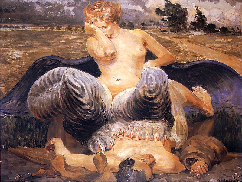 1900s 1906 1girls 20th_century ancient_furry_art animal_humanoid artist_and_chimera biped breasts chimera claws duo european_mythology feet female fine_art greek_mythology hair human human_on_humanoid humanoid jacek_malczewski male mammal monster_girl mythology outside painting paws public_domain sex straight straight_hair tagme traditional_media_(artwork) wings