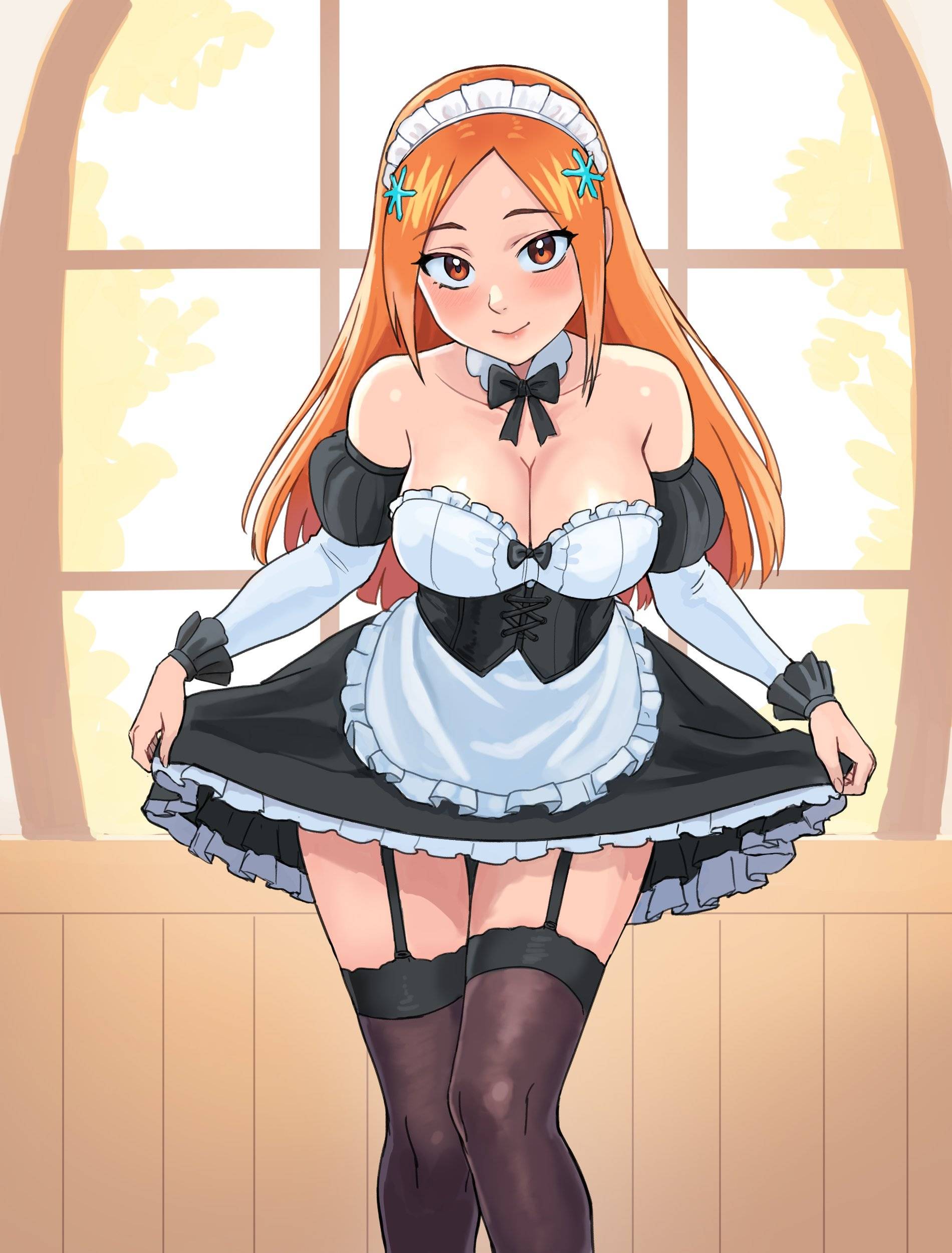1girls, 2d, 2d (artwork), 2d artwork, anime, anime character, big boobs, big breasts, black clothes, black dress, black garter straps, black legwear, black outfit, black skirt, black stockings, black thigh highs, black thighhighs, black topwear, bleach, breasts, busty, busty female, busty girl, busty teen, busty teenager, cleavage, closed mouth smile, clothes, collarbone, day, daylight, daytime, digital, digital art, digital drawing, digital drawing (artwork), digital media, digital media (artwork), drawing, dress, eye-level view, eyebrows visible through hair, fanart, female, female focus, female only, fingers, from front, front view, garter straps, ginger, ginger hair, glistening boobs, glistening breasts, glistening hair, glistening shoulders, glistening skin, glossy breasts, glossy hair, hair ornament, hair ornaments, hairband, hi res, high res, high resolution, highres, indoor, indoor background, indoors, inoue orihime, interior background, knees, large boobs, large breasts, lean figure, leaning, leaning forward, legs closed, legs together, legwear, lip gloss, lips, lipstick, long hair, looking at viewer, maid, maid apron, maid cap, maid dress, maid headdress, maid outfit, maid uniform, manga character, narrow waist, orange eyes, orange hair, orange hair female, orange-eyed female, orange-haired female, outfit, parted bangs, pink lips, pink lipstick, portrait, posing, posing for the viewer, shiny breasts, shiny hair, shiny shoulders, shiny skin, shonen jump, shoulders, shueisha, skirt, slender body, slender waist, slim female, slim waist, smile, smiley face, smiling, smiling at viewer, solo, standing, stockings, studio pierrot, teen girl, teenage female, teenage girl, teenage tits, teenager, thigh highs, thighhighs, thighs, thighs together, top view, topwear, uniform, upper body, watcher hollow, weekly shonen jump, white hairband, wide hips, young female, young woman