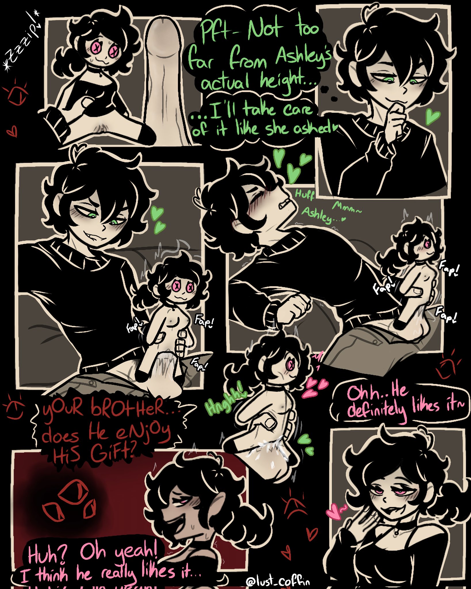 1boy, 1girls, 2d, andrew graves, artificial vagina, ashley graves, black hair, breasts, brother and sister, choker, comic, cum, cum in pussy, cum inside, dialogue, doll, english text, female, fleshlight, green eyes, incest, lust coffin, male, masturbation, onahole, penis, pink eyes, pleasure face, pocket pussy, ponytail, pussy, siblings, solo focus, straight, the coffin of andy and leyley, voodoo, voodoo doll