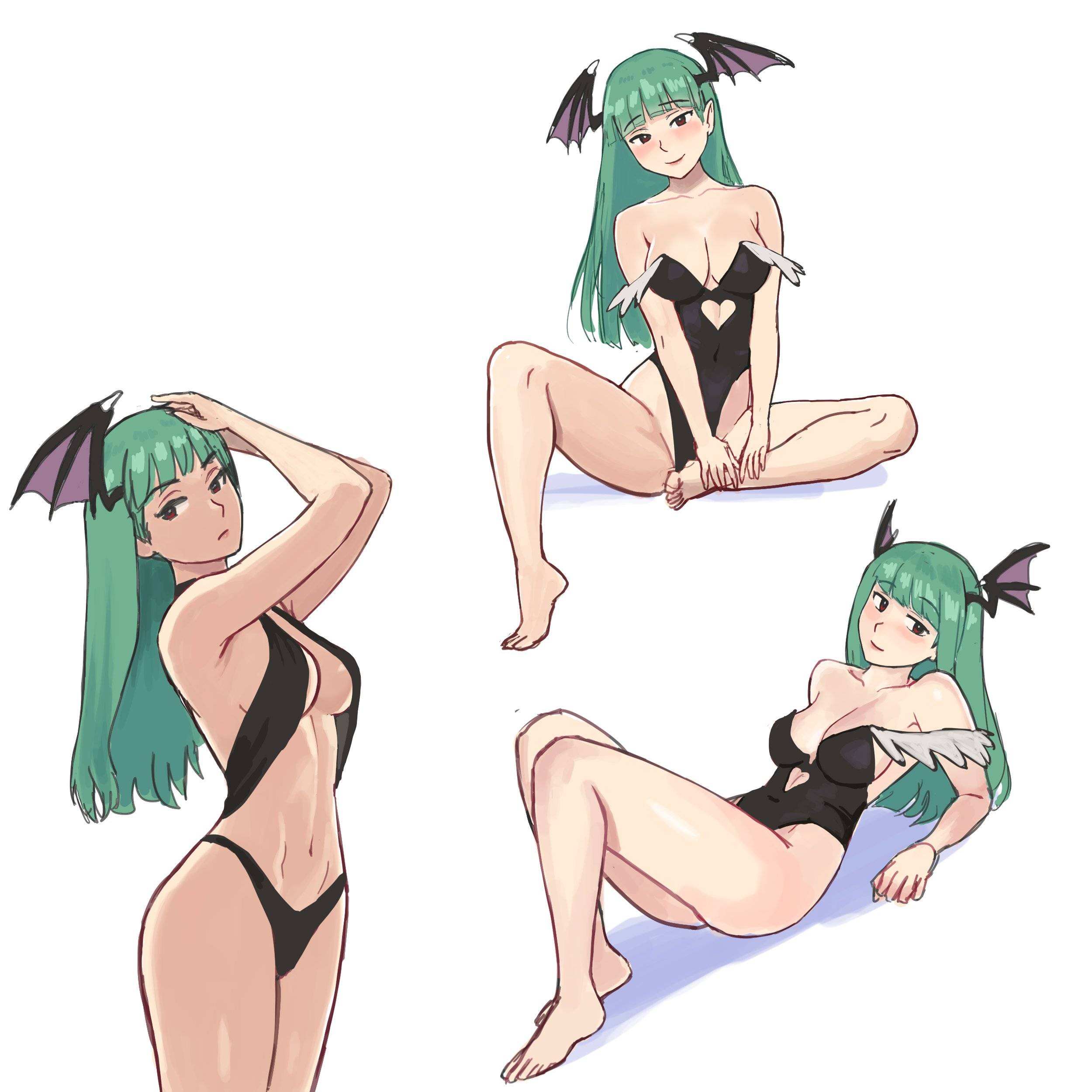 1:1, 1:1 aspect ratio, 1girls, 2d, 2d (artwork), 2d artwork, above view, adult, adult female, almost naked, almost nude, alternate angle, alternate view, arm support, armpit, armpit crease, armpit peek, armpits, background, bare armpits, bare arms, bare belly, bare calves, bare chest, bare hands, bare hips, bare knees, bare legs, bare midriff, bare navel, bare shoulders, bare skin, bare thighs, bare toes, barefoot, belly, belly button, big boobs, big breasts, bikini, bikini bottom, bikini only, bikini top, black bikini, black bikini bottom, black bikini top, black leotard, black swimsuit, black swimwear, black topwear, blank background, blank expression, blank eyes, blank stare, blunt bangs, bored, bored expression, breasts, busty, busty female, busty girl, calves, cleavage, closed mouth smile, clothing cutout, collarbone, curvaceous, curvaceous body, curvaceous female, curvaceous figure, curvaceous hips, curvy, curvy body, curvy female, curvy figure, curvy hips, darkstalkers, different angle, digital, digital art, digital drawing, digital drawing (artwork), digital media, digital media (artwork), drawing, elbows, emotionless, exposed, exposed armpits, exposed arms, exposed belly, exposed chest, exposed hips, exposed legs, exposed midriff, exposed navel, exposed shoulders, exposed skin, exposed thighs, exposed toes, eye-level view, eyebrows visible through hair, feet, feet out of frame, female, female focus, female only, fingers, fit female, foot out of frame, from above, from above view, from front, from side, front view, full body, full body view, glistening boobs, glistening breasts, glistening hair, glistening legs, glistening shoulders, glistening skin, glistening thighs, glossy breasts, glossy hair, green hair, green-haired female, groin, hairless armpits, halterneck, hand on foot, hand on hair, hand on head, hand on leg, hand on own foot, hand on own hair, hand on own head, hand on own leg, hands on hair, hands on head, hands on own hair, hands on own head, head tilt, hi res, high angle, high angle view, high res, high resolution, high-angle shot, high-angle view, highres, hourglass figure, inguinal crease, inguinal ligament, inner thighs, knee up, knees, knees out of frame, knees up, large boobs, large breasts, lean figure, legs, legs apart, legs closed, legs spread, legs together, leotard, linea alba, long hair, looking at viewer, mature, mature female, mature woman, midriff cutout, monotone background, morrigan aensland, mostly nude, multiple views, naked, naked female, naked woman, narrow waist, navel, nearly nude, neutral expression, no shoes, nude, nude female, nudity, one color background, plain background, posing, posing for the viewer, posing naked, posing nude, practically nude, presenting armpit, reclining, reclining pose, red eyes, red-eyed female, shaved armpits, shiny breasts, shiny hair, shiny legs, shiny shoulders, shiny skin, shiny thighs, shoulders, side view, sitting, slender body, slender waist, slim female, slim waist, smile, smiley face, smiling, smiling at viewer, solid color background, solo, spread legs, spreading legs, spreading thighs, stomach, succubus, swimsuit, swimwear, thighs, thighs together, three quarter view, three-quarter view, tilted head, toes, top view, topwear, touching foot, touching hair, touching head, touching leg, touching own hair, touching own head, turquoise hair, turquoise-haired female, watcher hollow, white background, wide hips, wings, wings on head, woman