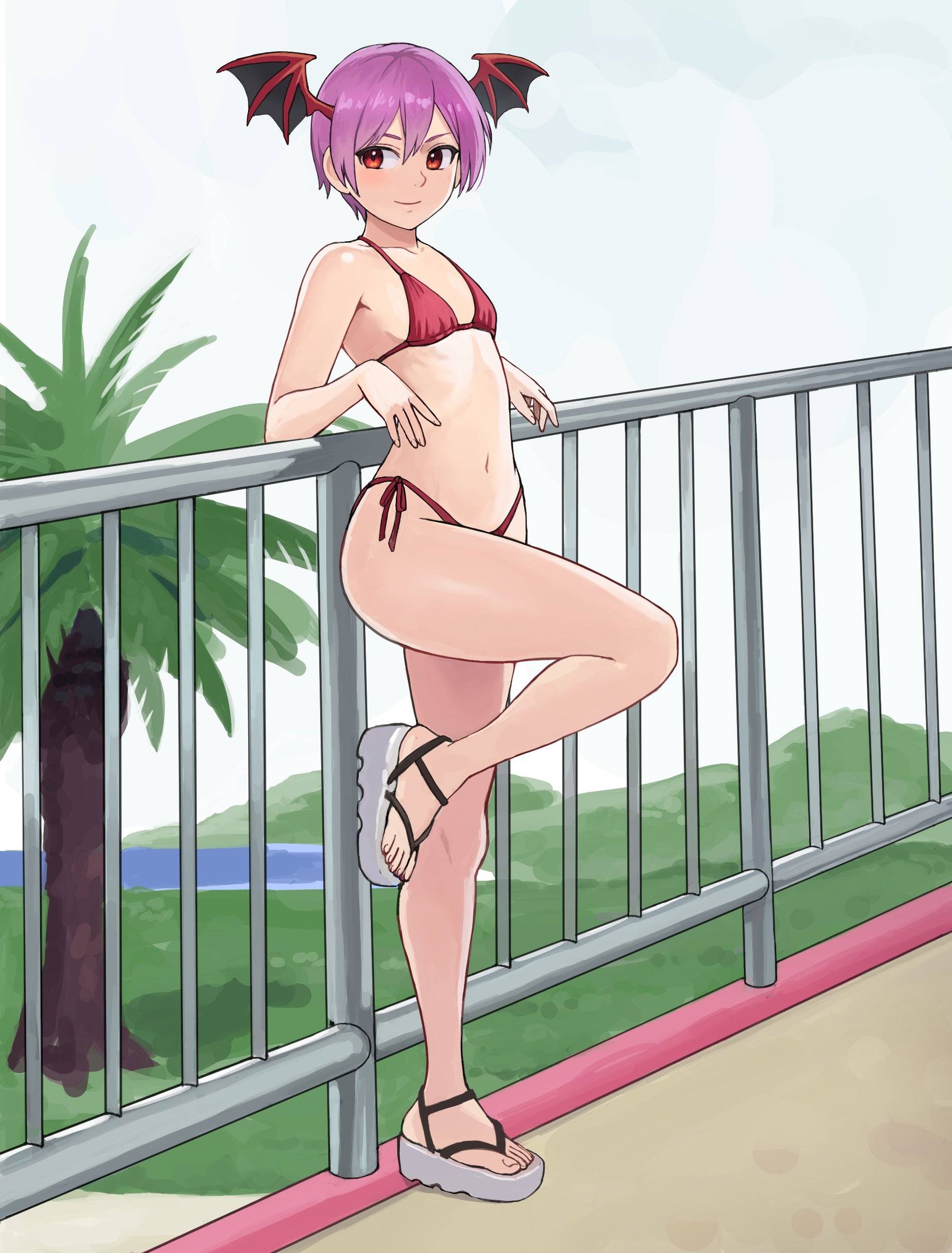 1girls, 2d, 2d (artwork), 2d artwork, almost naked, almost nude, arm support, bare armpits, bare arms, bare belly, bare calves, bare hands, bare hips, bare knees, bare legs, bare midriff, bare navel, bare shoulders, bare skin, bare thighs, bare toes, belly, belly button, bikini, bikini bottom, bikini only, bikini top, breasts, calves, closed mouth smile, collarbone, curvaceous, curvaceous body, curvaceous female, curvaceous figure, curvaceous hips, curvy, curvy body, curvy female, curvy figure, curvy hips, darkstalkers, day, daylight, daytime, digital, digital art, digital drawing, digital drawing (artwork), digital media, digital media (artwork), drawing, elbows, exposed, exposed armpits, exposed arms, exposed belly, exposed chest, exposed hips, exposed legs, exposed midriff, exposed navel, exposed shoulders, exposed skin, exposed thighs, exposed toes, eye-level view, feet, female, female focus, female only, fingernails, fingers, flat belly, flat breasts, flat chest, flat chested, footwear, full body, full body view, glistening hair, glistening legs, glistening shoulders, glistening skin, glistening thighs, glossy hair, groin, hair between eyes, halterneck, hourglass figure, knee up, knees, lean figure, legs, light smile, lilith aensland, looking at viewer, looking sideways, looking to the side, midriff, mostly nude, naked female, naked woman, narrow waist, navel, nearly nude, no shoes, nude female, nudity, outdoor, outdoor background, outdoor nudity, outdoors, outside, outside nudity, petite, petite body, petite breasts, petite female, petite girl, petite tits, pink eyebrows, pink hair, pink hair female, pink-haired female, portrait, posing, posing for the viewer, posing naked, posing nude, practically nude, rail, red bikini, red bikini bottom, red bikini top, red eyes, red swimsuit, red swimwear, red-eyed female, sandals, shiny hair, shiny legs, shiny shoulders, shiny skin, shiny thighs, short hair, shoulders, side-tie bikini, slender body, slender waist, slight smile, slim female, slim waist, small boobs, small breasts, small tits, smile, smiley face, smiling, smiling at viewer, smooth chest, solo, standing, string bikini, swimsuit, swimwear, thighs, three quarter view, three-quarter view, tiny breasts, tiny tits, toes, watcher hollow, white footwear, white sandals, wide hips, wings, wings on head