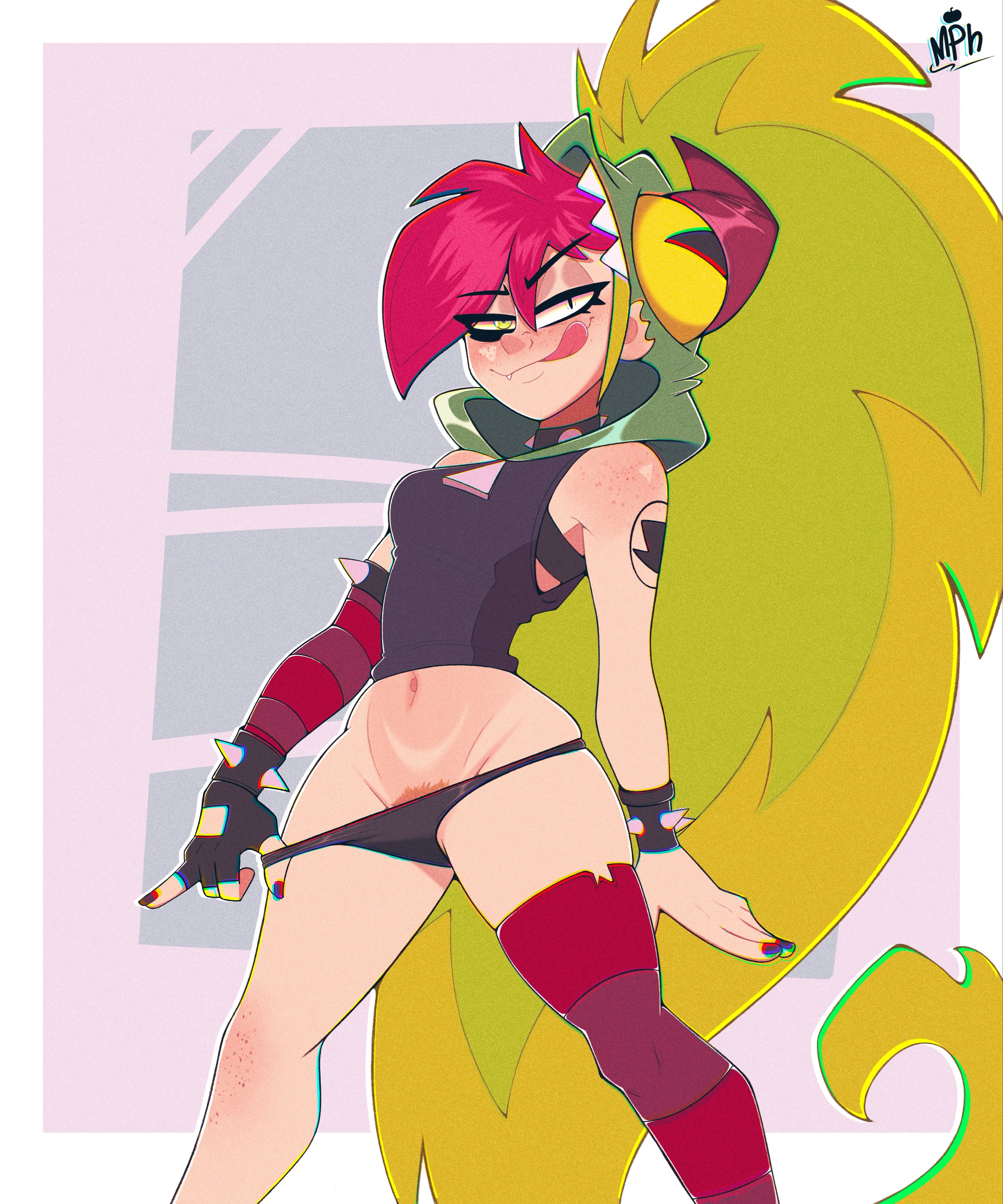 1girls, arm tattoo, belly button, bra, bra peek, breasts, demencia (villainous), female, female focus, female only, freckles, freckles on face, freckles on legs, freckles on shoulders, green hair, hi res, hood, light skin, light-skinned female, looking at viewer, mervynpumpkinh, multicolored hair, navel, panties, pubic hair, pubic hair peek, pulling panties, red hair, shirt, stockings, tattoo, tattoo on arm, tattooed arm, thighs, tongue, tongue out, tummy, villainous
