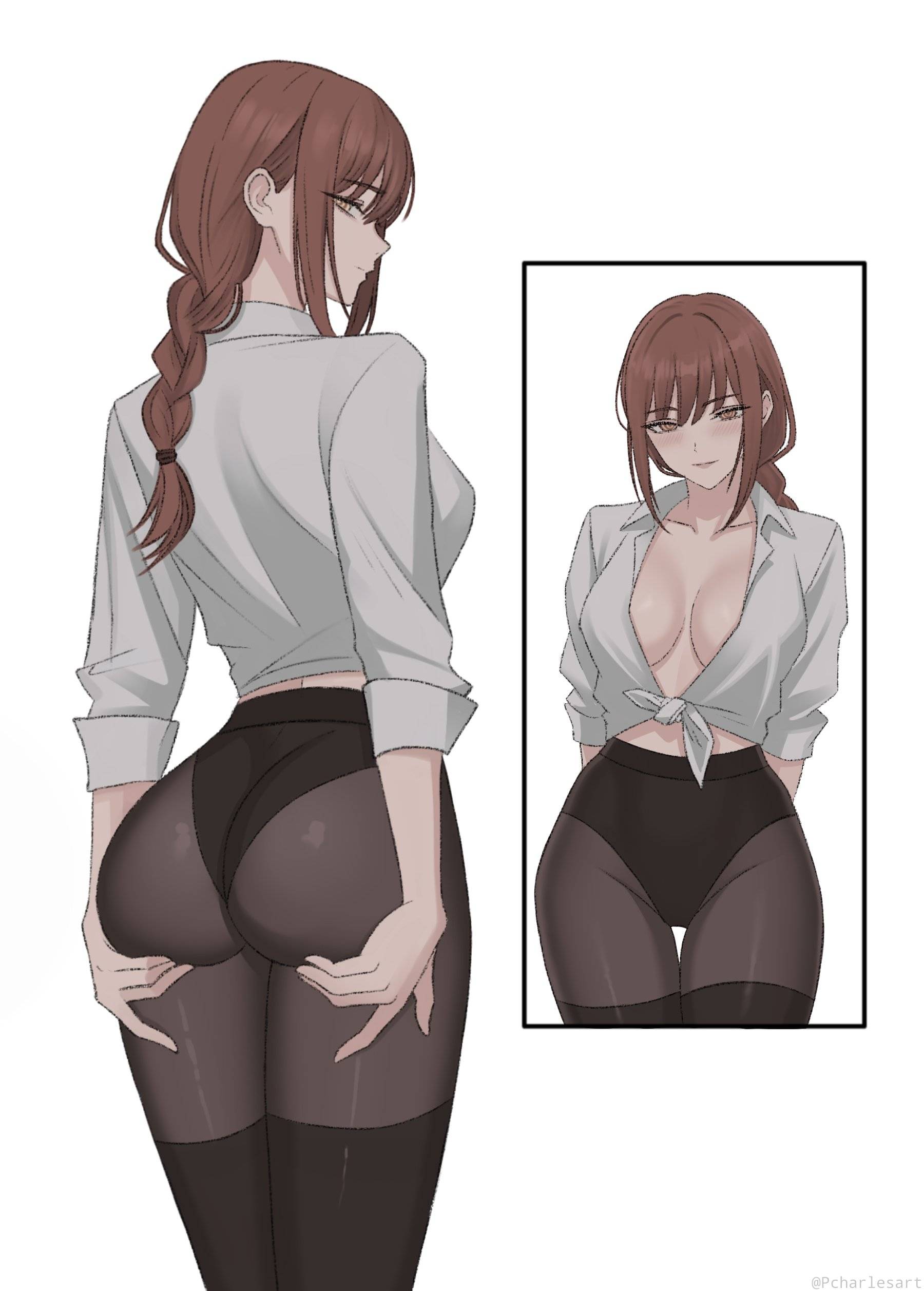 1girls, 2d, 2d (artwork), 2d artwork, adult, adult female, alternate angle, alternate view, anime, anime character, arm behind back, ass, ass cleavage, ass crack, ass grab, ass support, back shot, back view, background, behind view, big boobs, big breasts, black legwear, black pantyhose, black stockings, black tights, blank background, braid, braided hair, braided ponytail, braids, breasts, breasts apart, busty, busty female, busty girl, butt, butt grab, chainsaw man, charlesart, cleavage, closed mouth smile, collarbone, different angle, digital, digital art, digital drawing, digital drawing (artwork), digital media, digital media (artwork), drawing, eye-level view, eyebrows visible through hair, fanart, female, female focus, female only, fingers, fondling butt, from back, from behind, from behind angle, from behind view, from front, front view, gluteal fold, grabbing ass, grabbing butt, grabbing own ass, grabbing own butt, groin, groping ass, groping butt, hair between eyes, hand behind back, hand on ass, hand on butt, hand on own ass, hand on own butt, hands on ass, hands on butt, hands on own ass, hands on own butt, head tilt, holding butt, hourglass figure, inframammary fold, knees out of frame, large boobs, large breasts, lean figure, legs closed, legs together, legwear, long hair, looking at viewer, looking back, looking back at viewer, makima (chainsaw man), manga character, mappa, mature, mature female, mature woman, monotone background, multiple views, narrow waist, one color background, pantyhose, plain background, ponytail, portrait, profile, rear view, red hair, red-haired female, ring eyes, ringed eyes, shonen jump, shoulders, shueisha, single braid, slender body, slender waist, slim female, slim waist, smile, smiley face, smiling, smiling at viewer, solid color background, solo, standing, stockings, thick ass, thick butt, thighs, thighs together, tied hair, tights, tilted head, top view, touching ass, touching butt, touching own ass, touching own butt, upper body, weekly shonen jump, white background, wide hips, woman, yellow eyes, yellow-eyed female
