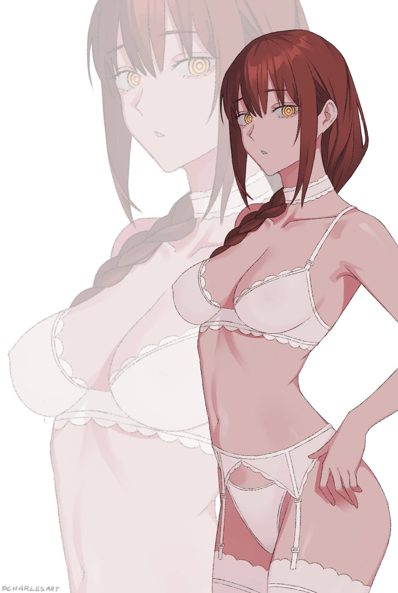 :o, 1girls, 2d, 2d (artwork), 2d artwork, adult, adult female, almost naked, almost nude, anime, anime character, areolae visible through clothing, armpit, armpit crease, armpit peek, armpits, background, bare armpits, bare arms, bare belly, bare chest, bare hands, bare hips, bare midriff, bare navel, bare shoulders, bare skin, belly, belly button, big boobs, big breasts, blank background, bra, braid, braided hair, braided ponytail, braids, breasts, breasts apart, busty, busty female, busty girl, chainsaw man, charlesart, choker, cleavage, collarbone, curvaceous, curvaceous body, curvaceous female, curvaceous figure, curvaceous hips, curvy, curvy body, curvy female, curvy figure, curvy hips, digital, digital art, digital drawing, digital drawing (artwork), digital media, digital media (artwork), drawing, exposed, exposed armpits, exposed arms, exposed belly, exposed chest, exposed hips, exposed midriff, exposed navel, exposed shoulders, exposed skin, eye-level view, eyebrows visible through hair, fanart, female, female focus, female only, fingers, fit female, frilled bra, frilled garter belt, frilled legwear, frilled stockings, frilled thigh highs, frilled thighhighs, frilled underwear, garter belt, garter straps, glistening hair, glistening legs, glistening shoulders, glistening skin, glistening thighs, glossy hair, groin, hair between eyes, hairless armpits, hourglass figure, inframammary fold, inguinal crease, inguinal ligament, knees out of frame, large boobs, large breasts, lean figure, legwear, linea alba, lingerie, lingerie bra, lingerie only, lingerie panties, long hair, looking at viewer, makima (chainsaw man), manga character, mappa, matching underwear, mature, mature female, mature woman, midriff, monotone background, mostly nude, naked, naked female, naked woman, narrow waist, navel, nearly nude, nipple bulge, nipples visible through clothing, nude, nude female, nudity, one color background, panties, plain background, ponytail, portrait, practically nude, red hair, red-haired female, ring eyes, ringed eyes, shaved armpits, shiny hair, shiny legs, shiny shoulders, shiny skin, shiny thighs, shonen jump, shoulders, shueisha, sideboob, sidelocks, single braid, slender body, slender waist, slim female, slim waist, solid color background, solo, standing, stockings, stomach, thigh highs, thighhighs, thighs, three quarter view, three-quarter view, tied hair, top view, underboob, underwear, underwear only, upper body, weekly shonen jump, white background, white bra, white choker, white garter belt, white garter straps, white legwear, white lingerie, white panties, white stockings, white thigh highs, white thighhighs, white underwear, wide hips, woman, yellow eyes, yellow-eyed female