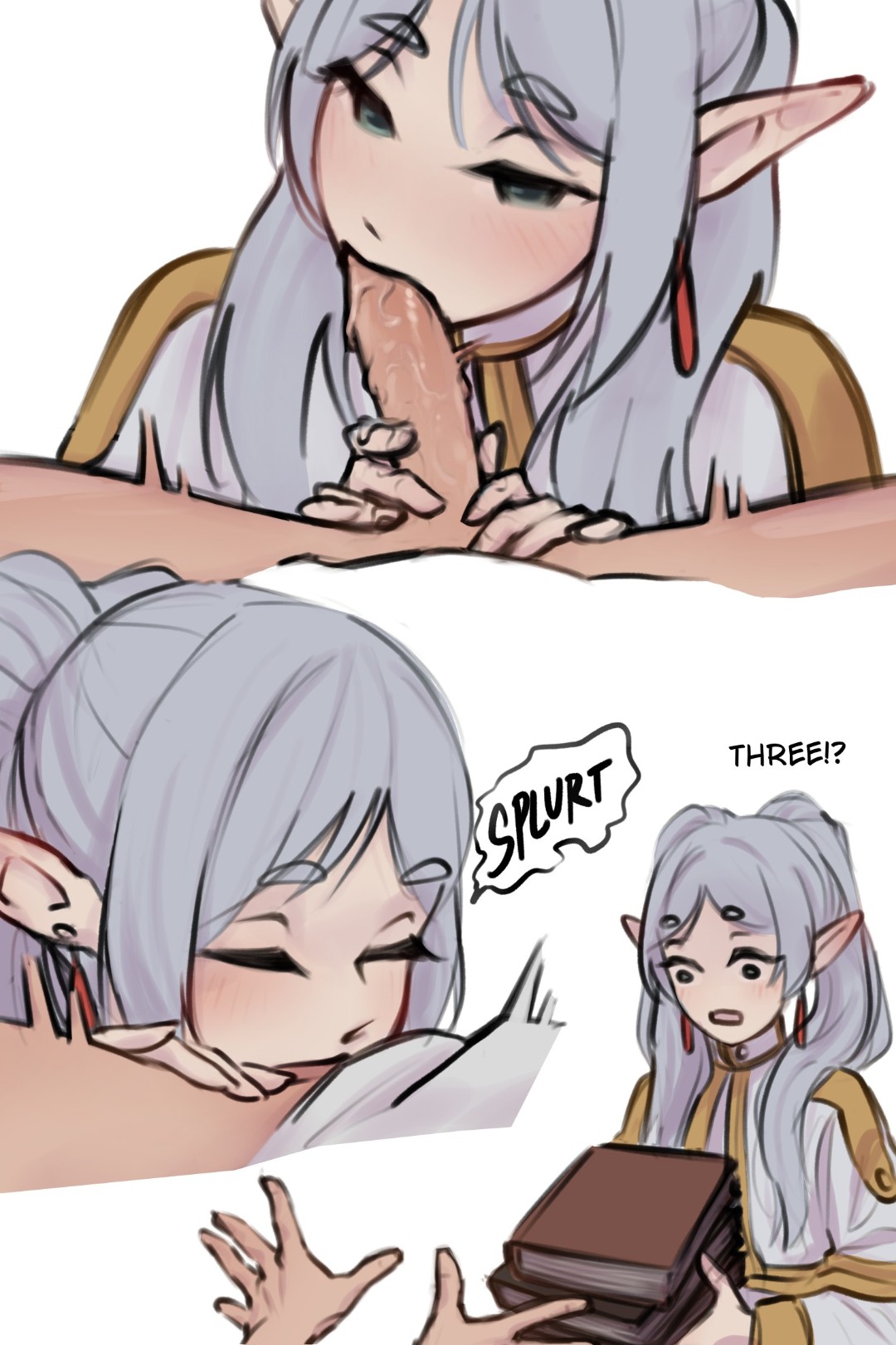 all the way to the base, anime, blowjob, books, cum, cum in mouth, cum inside, deepthroat, elf, elf female, elf girl, frieren, frieren beyond journey's end, grimoire, paid oral, paid reward, paid sex, payment, splurt