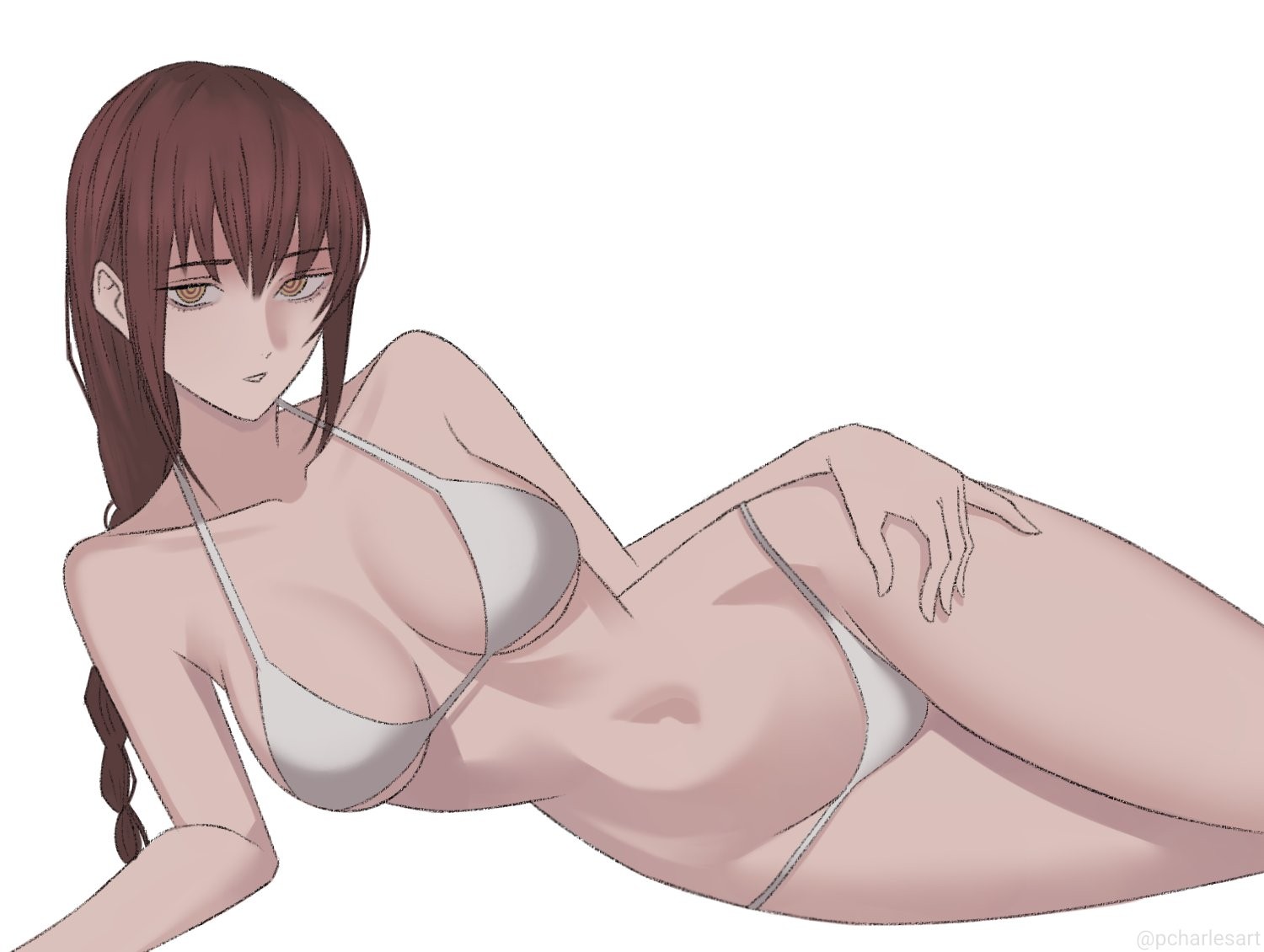 1girls, 2d, 2d (artwork), 2d artwork, adult, adult female, almost naked, almost nude, anime, anime character, arm support, background, baddie, bare arms, bare belly, bare chest, bare hands, bare hips, bare legs, bare midriff, bare navel, bare shoulders, bare skin, bare thighs, belly, belly button, bewitching thighs, big boobs, big breasts, bikini, bikini bottom, bikini only, bikini top, blank background, blank expression, blank eyes, blank stare, bored, bored expression, braid, braided hair, braided ponytail, braids, breasts, breasts apart, busty, busty female, busty girl, chainsaw man, charlesart, child bearing hips, cleavage, collarbone, curvaceous, curvaceous body, curvaceous female, curvaceous figure, curvaceous hips, curvy, curvy body, curvy female, curvy figure, curvy hips, digital, digital art, digital drawing, digital drawing (artwork), digital media, digital media (artwork), drawing, elbows, emotionless, exposed, exposed arms, exposed belly, exposed chest, exposed hips, exposed legs, exposed midriff, exposed navel, exposed shoulders, exposed skin, exposed thighs, eye-level view, eyebrows visible through hair, fanart, female, female focus, female only, fertile, fertile hips, fingers, from front, front view, groin, hair between eyes, halterneck, hand on leg, hand on own leg, hand on own thigh, hand on thigh, head tilt, hourglass figure, inframammary fold, inguinal crease, inguinal ligament, knees out of frame, landscape, large boobs, large breasts, lascivious, lean figure, legs closed, legs together, long hair, looking at viewer, makima (chainsaw man), manga character, mappa, mature, mature female, mature woman, midriff, monotone background, mostly nude, naked, naked female, naked woman, narrow waist, navel, nearly nude, neutral expression, nude, nude female, nudity, one color background, plain background, ponytail, posing, posing for the viewer, posing naked, posing nude, practically nude, red hair, red-haired female, ring eyes, ringed eyes, shonen jump, shoulders, shueisha, single braid, slender body, slender waist, slim female, slim waist, solid color background, solo, string bikini, swimsuit, swimwear, thick thighs, thighs, thighs together, tied hair, tilted head, top view, touching leg, touching thigh, upper body, weekly shonen jump, white background, white bikini, white bikini bottom, white bikini top, white swimsuit, white swimwear, wide hips, woman, yellow eyes, yellow-eyed female