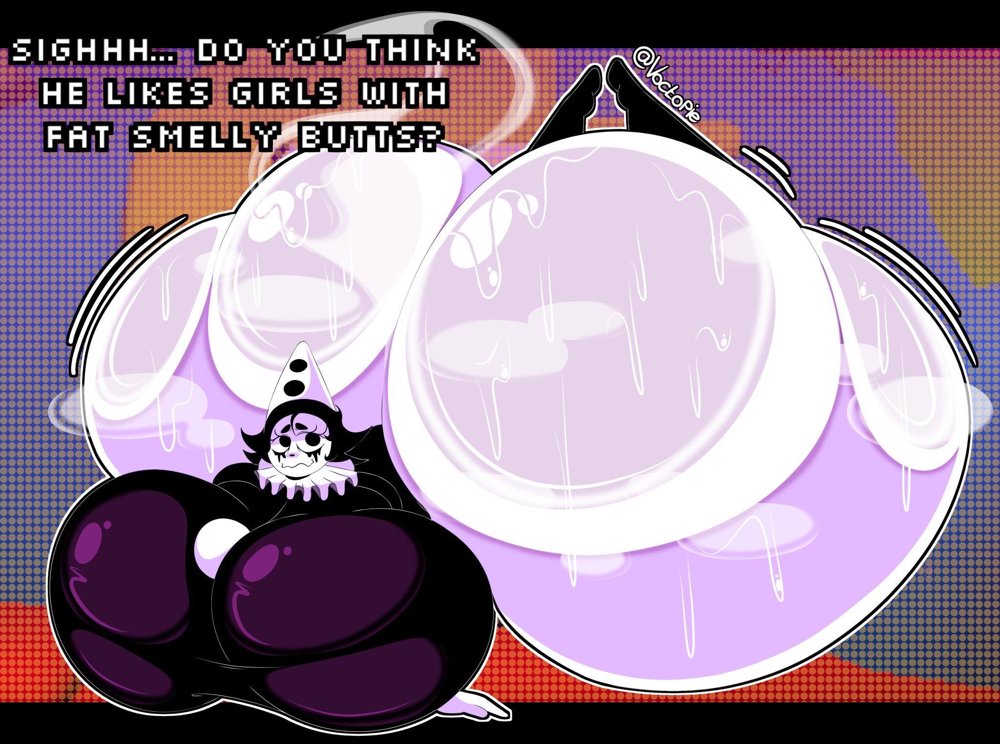 ?, 1girl, 1girls, ass, ass size talk, big ass, big breasts, big thighs, black hair, black shirt, black socks, breasts, clown, clown girl, dat ass, dirty talk, endacopia, fat ass, feet, feet up, female focus, female only, gigantic ass, gigantic breasts, gigantic thighs, goth, goth girl, goth makeup, gothic, huge ass, huge breasts, huge thighs, hyper, hyper ass, hyper breasts, jiggle, jiggle physics, jiggling, jiggling ass, jiggling breasts, jiggling butt, jiggling thighs, large ass, large breasts, large thighs, long hair, looking at viewer, makeup, massive ass, massive breasts, massive thighs, musk, musk cloud, musky, no panties, no pants, pale, pale body, pale skin, pale skinned female, pale-skin, pale-skinned female, pants, party hat, phat ass, plump, plump ass, plump breasts, plump thighs, shirt, size talk, smell, smelly, socks, solo, solo female, solo focus, sweat, sweatdrop, sweating, sweaty, sweaty ass, talking, talking to viewer, text, ticketa, voctopie, white skin, wobble, wobbling, wobbling ass, wobbling breasts, wobbling butt