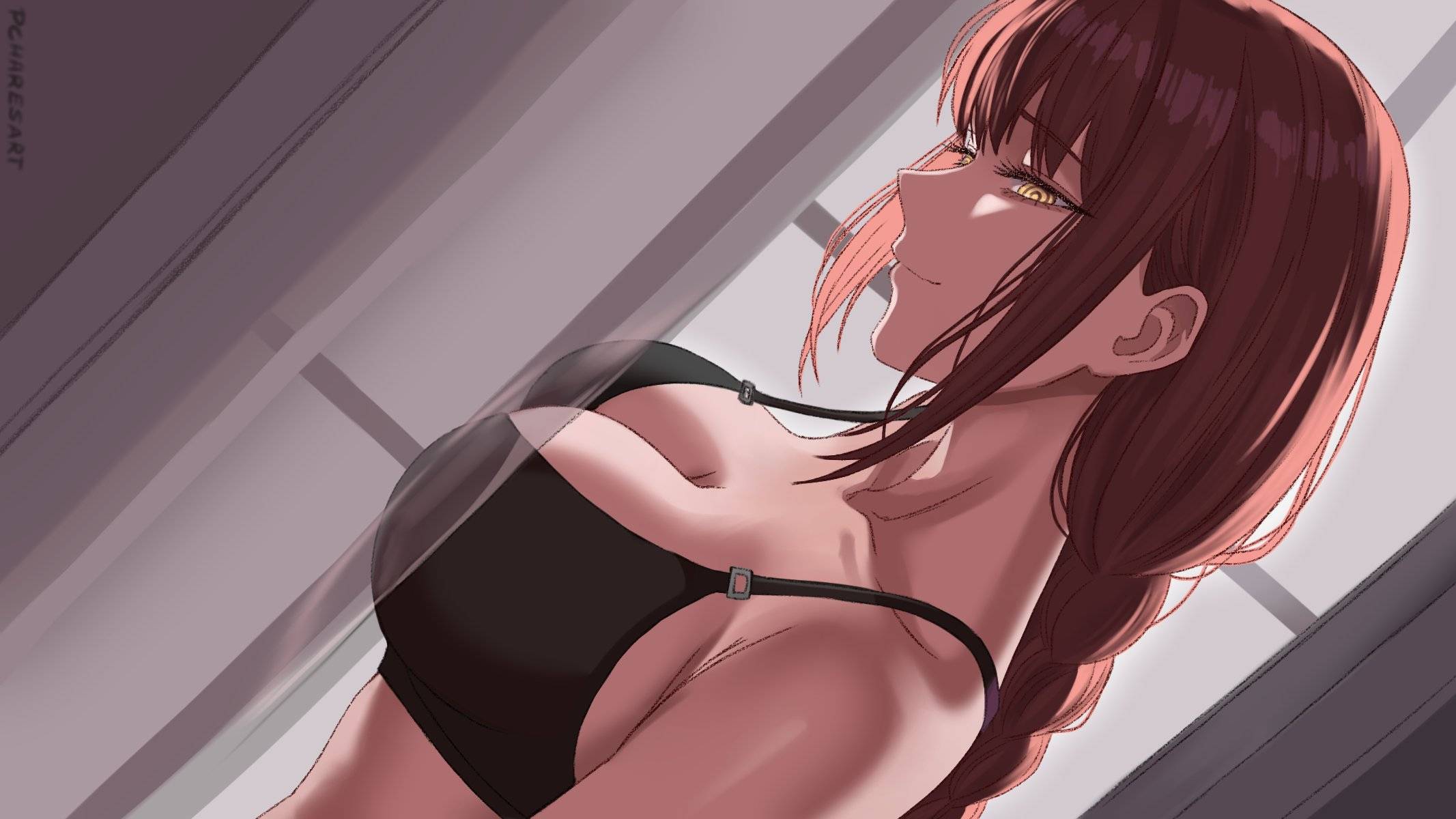1girls, 2d, 2d (artwork), 2d artwork, adult, adult female, almost naked, almost nude, anime, anime character, big boobs, big breasts, black bra, black underwear, bra, braid, braided hair, braided ponytail, braids, breasts, busty, busty female, busty girl, chainsaw man, charlesart, cleavage, closed mouth smile, collarbone, diagonal angle, digital, digital art, digital drawing, digital drawing (artwork), digital media, digital media (artwork), drawing, dutch angle, dynamic angle, exposed, eye-level view, eyebrows visible through hair, fanart, female, female focus, female only, from side, hair between eyes, half-closed eyes, indoor, indoor background, indoor nudity, indoors, interior background, landscape, large boobs, large breasts, light smile, long hair, looking at viewer, looking sideways, looking to the side, lower body out of frame, makima (chainsaw man), manga character, mappa, mature, mature female, mature woman, mostly nude, naked, naked female, naked woman, nearly nude, nude, nude female, nudity, ponytail, practically nude, profile, red hair, red-haired female, ring eyes, ringed eyes, shonen jump, shoulders, shueisha, side view, sidelocks, single braid, slight smile, smile, smiley face, smiling, smiling at viewer, solo, standing, tied hair, top view, underwear, upper body, weekly shonen jump, woman, yellow eyes, yellow-eyed female