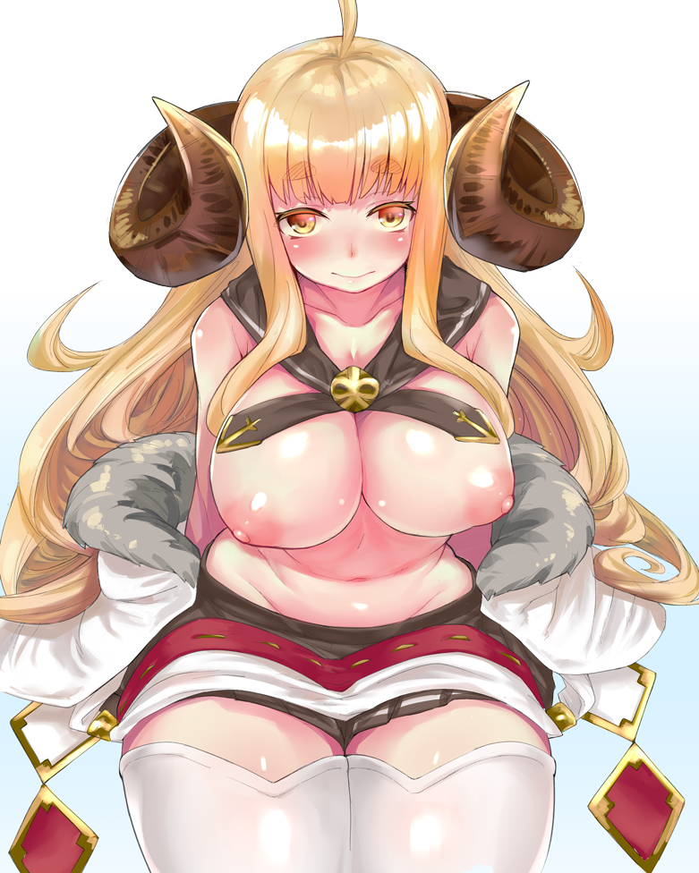 ahoge anila_(granblue_fantasy) bad_id bad_twitter_id blonde_hair breasts demon_girl demon_horns draph eyebrows eyebrows_visible_through_hair female granblue_fantasy horns large_breasts long_hair looking_at_viewer miniskirt naked_skirt navel nipples orange_eyes pleated_skirt rama_(amaru) sailor_collar sheep_horns shide sitting skirt solo thick_eyebrows thighhighs topless wariza wavy_hair white_legwear zettai_ryouiki