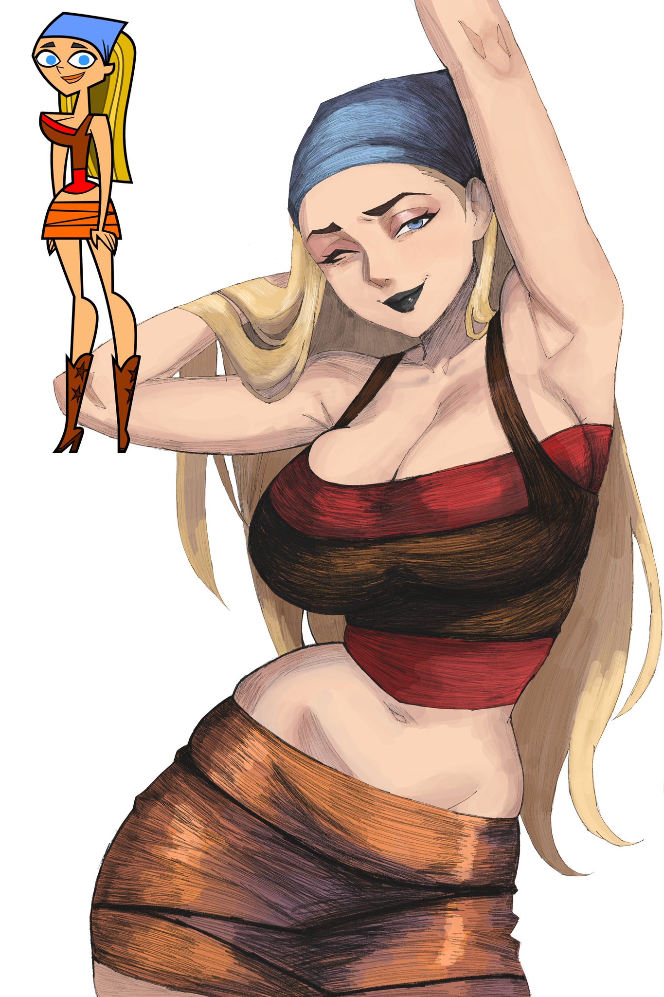 arm up, armpits, big boobs, big breasts, big tits, blonde, blonde female, blonde hair, blonde hair female, blonde-haired female, blue eyes, breasts bigger than head, cartoon network, crop top, cropped legs, curvy female, deep belly button, deep navel, hex mamaniac, high heels, huge boobs, huge breasts, huge tits, kerchief, large boobs, large breasts, large tits, lindsay (tdi), lips, long hair, looking at viewer, navel, navel depth, one eye closed, orange skirt, pale skin, pale-skinned female, reference image, sketch, skirt, tight clothing, total drama island, white background