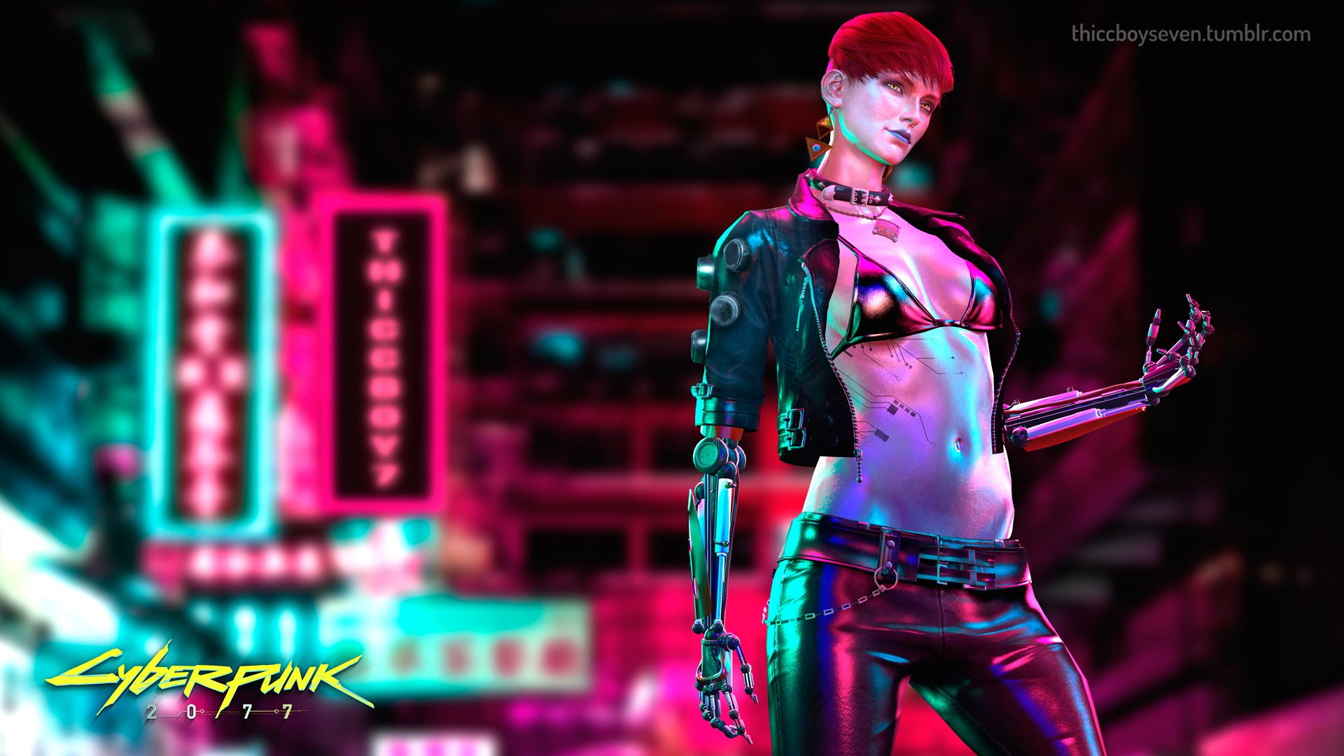 3d, bad id, bad twitter id, bikini top, bionic arm, cd projekt red, crossover, cyberpunk, cyberpunk (series), cyberpunk 2077, female, female only, red hair, solo, source request, the witcher, the witcher (series), the witcher 2, the witcher 3: wild hunt, thiccboysteven, triss merigold, year request