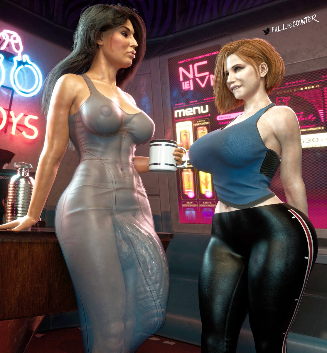 1futa, 1girl, 1girls, 3d, 3d (artwork), artist logo, artist name, ashley williams, bioware, biting lip, biting own lip, black leggings, dress, female, fullc0unter, futa on female, futa with female, futanari, huge cock, huge penis, kelly chambers, leggings, light skin, light-skinned female, light-skinned futanari, mass effect, pale skin, pale-skinned female, pale-skinned futanari, see-through, see-through clothes, see-through clothing, see-through dress, video game, video game character, video game franchise, watermark, wet cheetos