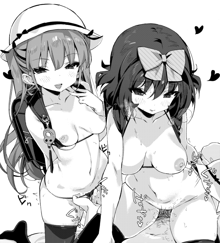 2girls backpack bag bikini blush bow breasts cowgirl_position fingering greyscale hairbow hat kneeling long_hair looking_at_viewer medium_breasts micro_bikini monochrome multiple_girls navel nipples original randoseru revealing_clothes short_hair skindentation swimsuit takakura thighhighs