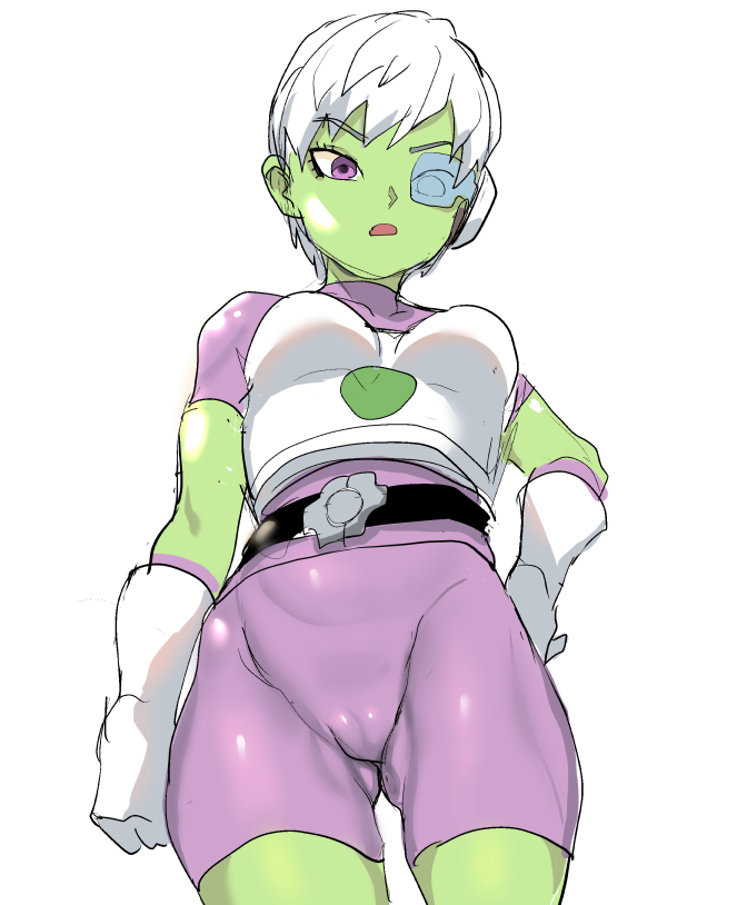 1girls, alien, alien girl, azuse neko, belt, blue-tinted eyewear, blush, bodysuit, breastplate, breasts, cameltoe, cheelai, clothed, dragon ball, dragon ball super, elbow gloves, eyelashes, female, female only, gloves, green skin, hand on hip, humanoid, looking at viewer, low-angle view, medium breasts, open mouth, pink eyes, pussy, scouter, short hair, simple background, skin tight, solo, standing, tinted eyewear, toned, white background, white hair