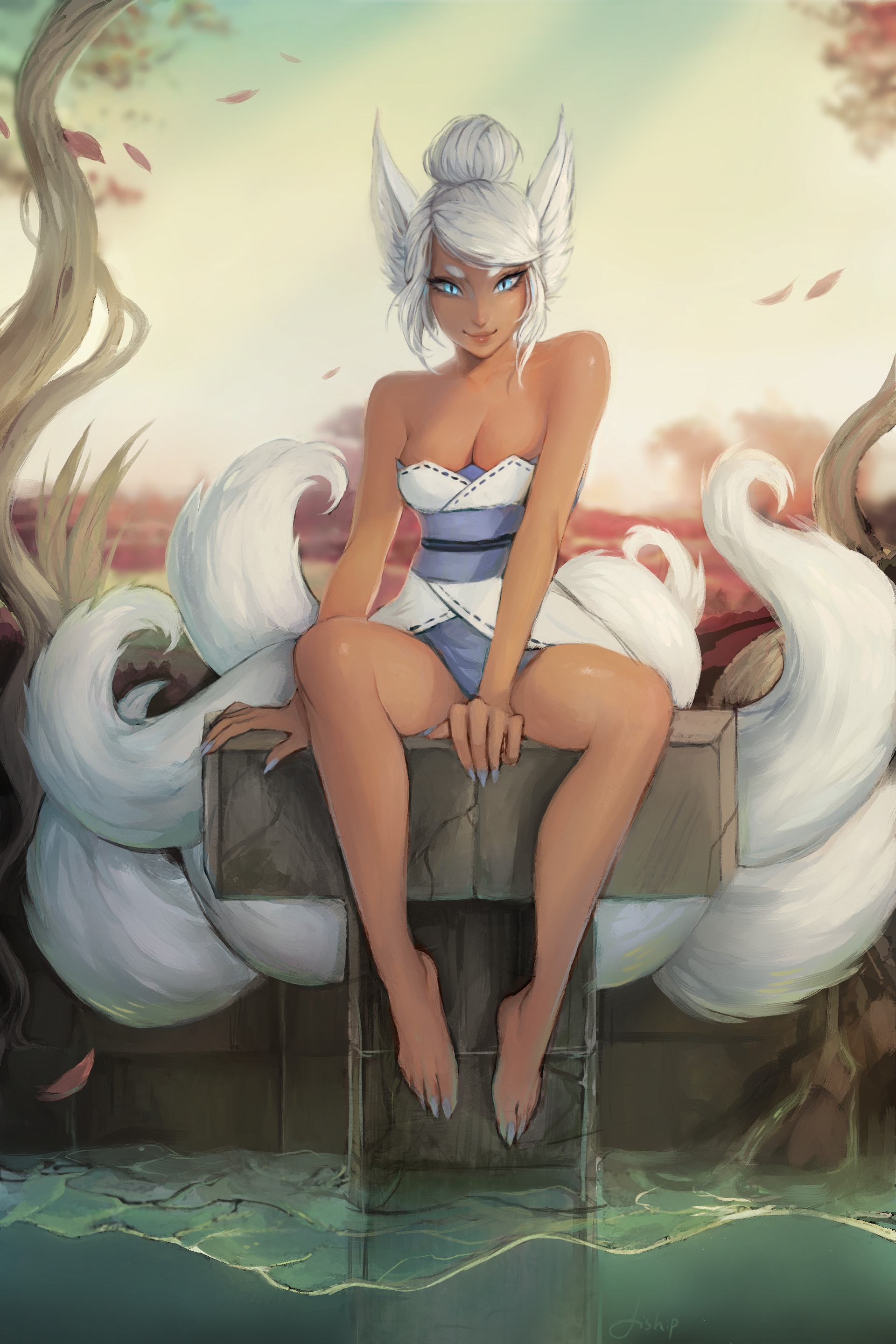 1girls, blue eyes, female, female only, fiship, kemonomimi, legs apart, looking at viewer, matilda fiship, multi tail, smile, solo, tagme, tail, tails, white hair