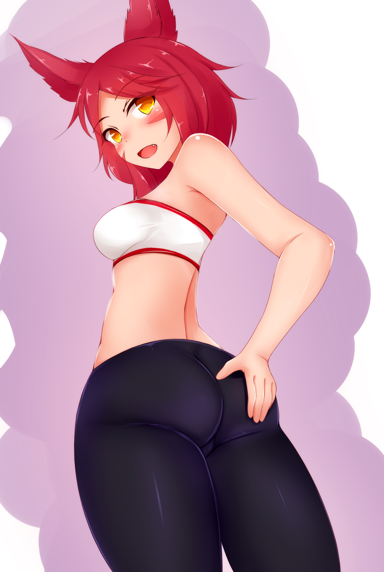 1girls, animal ears, ass, ass grab, ayatori, blush, breasts, cat eyes, egirl, eyelashes, eyeshadow, fangs, female, fox girl, from behind, hair over one eye, league of legends, leggings, long hair, looking at viewer, pale skin, red hair, red lipstick, slim, sports bra, tight clothing, vastaya, viewed from below, xayah, yellow eyes, yoga pants