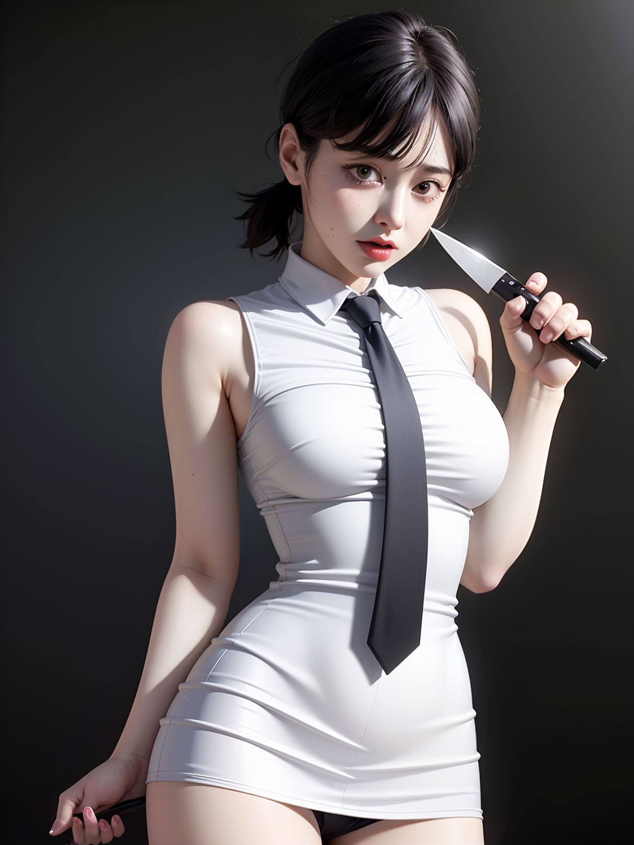 ai generated, asian, asian female, chainsaw man, diginsugar, dress, female, female only, higashiyama kobeni, knife, panties, short dress