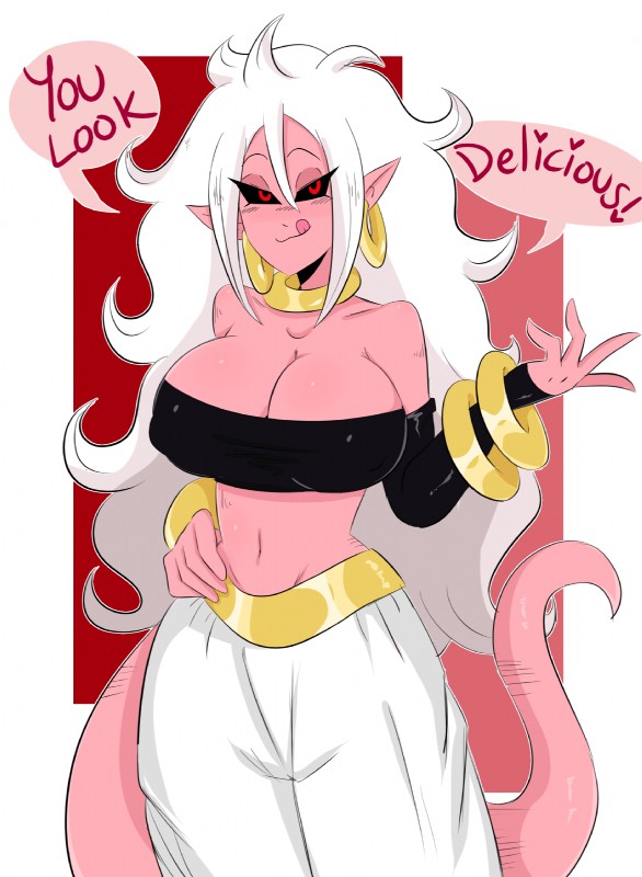 1girls, 2010s, android 21, black sclera, breasts, clothed, curvaceous, dark persona, dragon ball, dragon ball fighterz, earrings, english text, female, humanoid, jinu, large breasts, long hair, majin, majin android 21, monster girl, pants, pink skin, pointy ears, red eyes, speech bubble, tail, tubetop, white hair