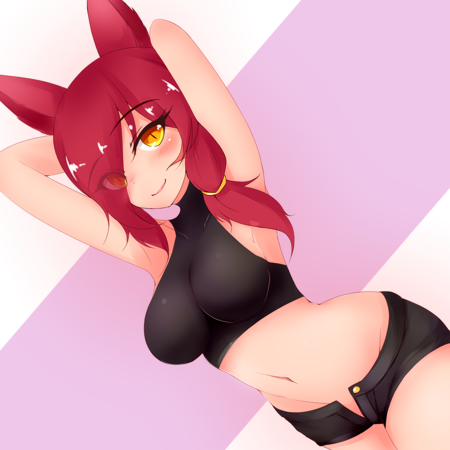 1girls, arms behind back, arms up, ayatori, big breasts, blush, breasts, cleavage, female, female only, hair over one eye, large breasts, league of legends, looking at viewer, midriff, navel, open fly, red hair, shorts, smile, solo, sports bra, xayah, yellow eyes